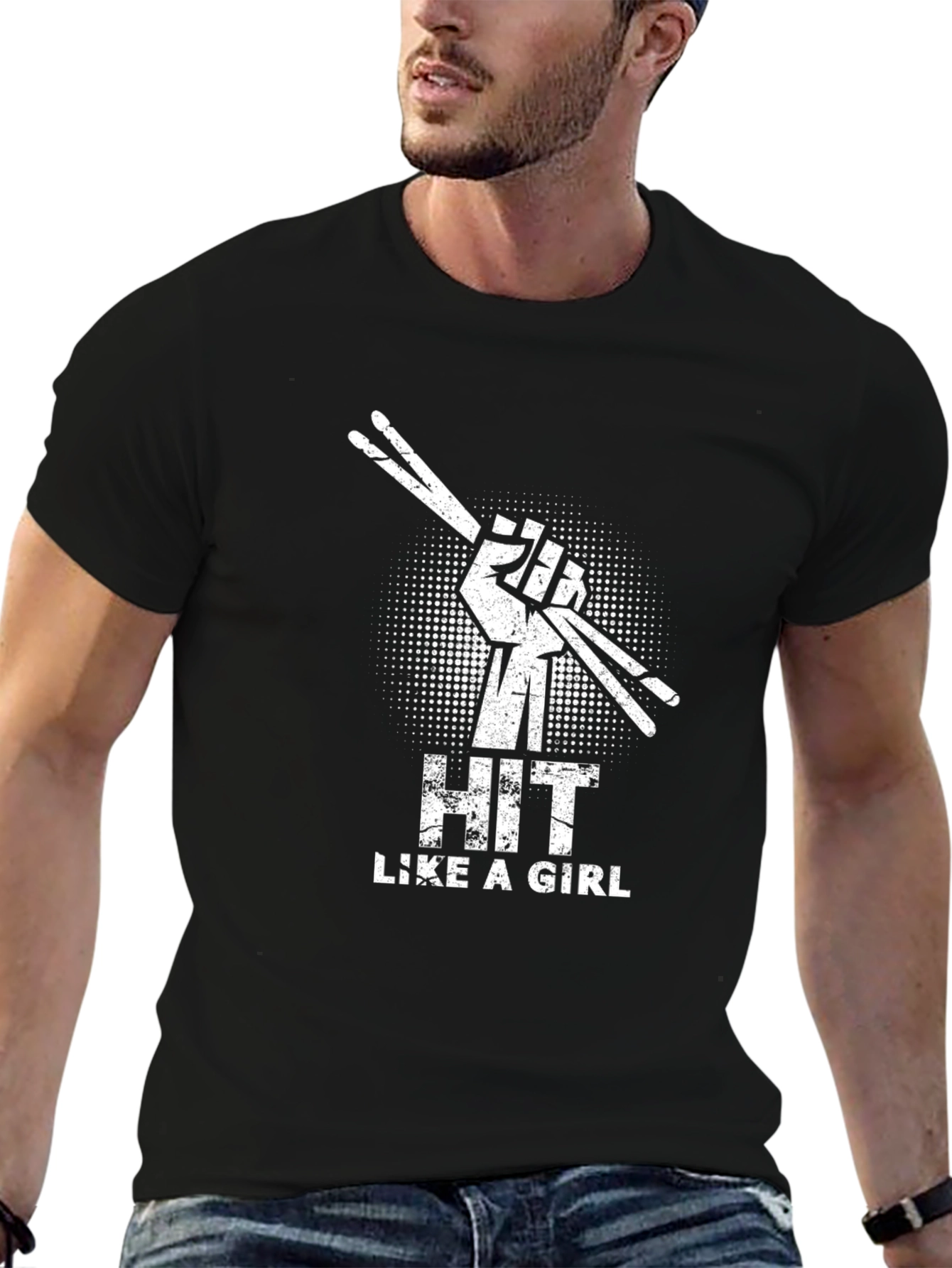 Hit Like a Girl Black T-Shirt Drummer Tee