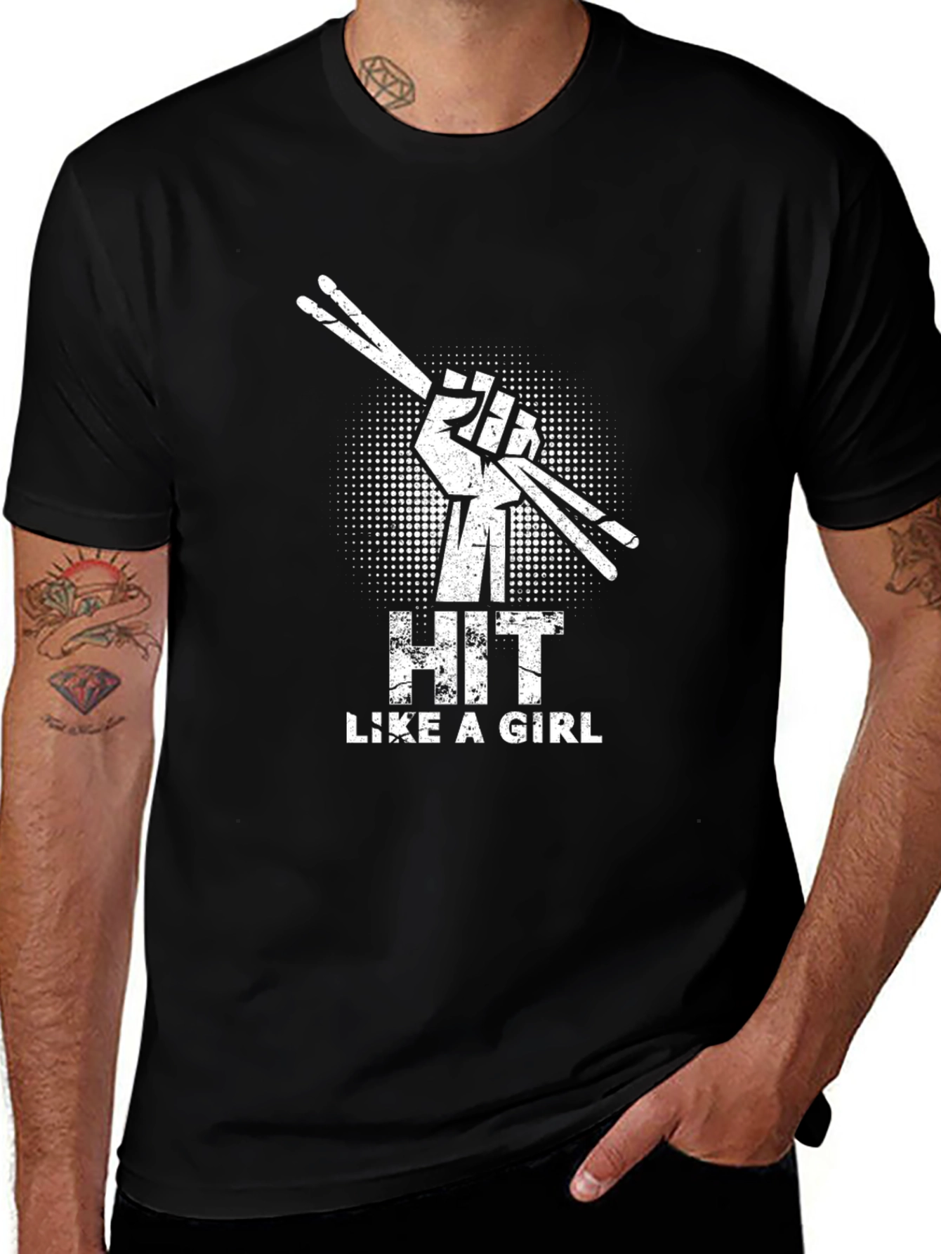Hit Like a Girl Black T-Shirt Drummer Tee