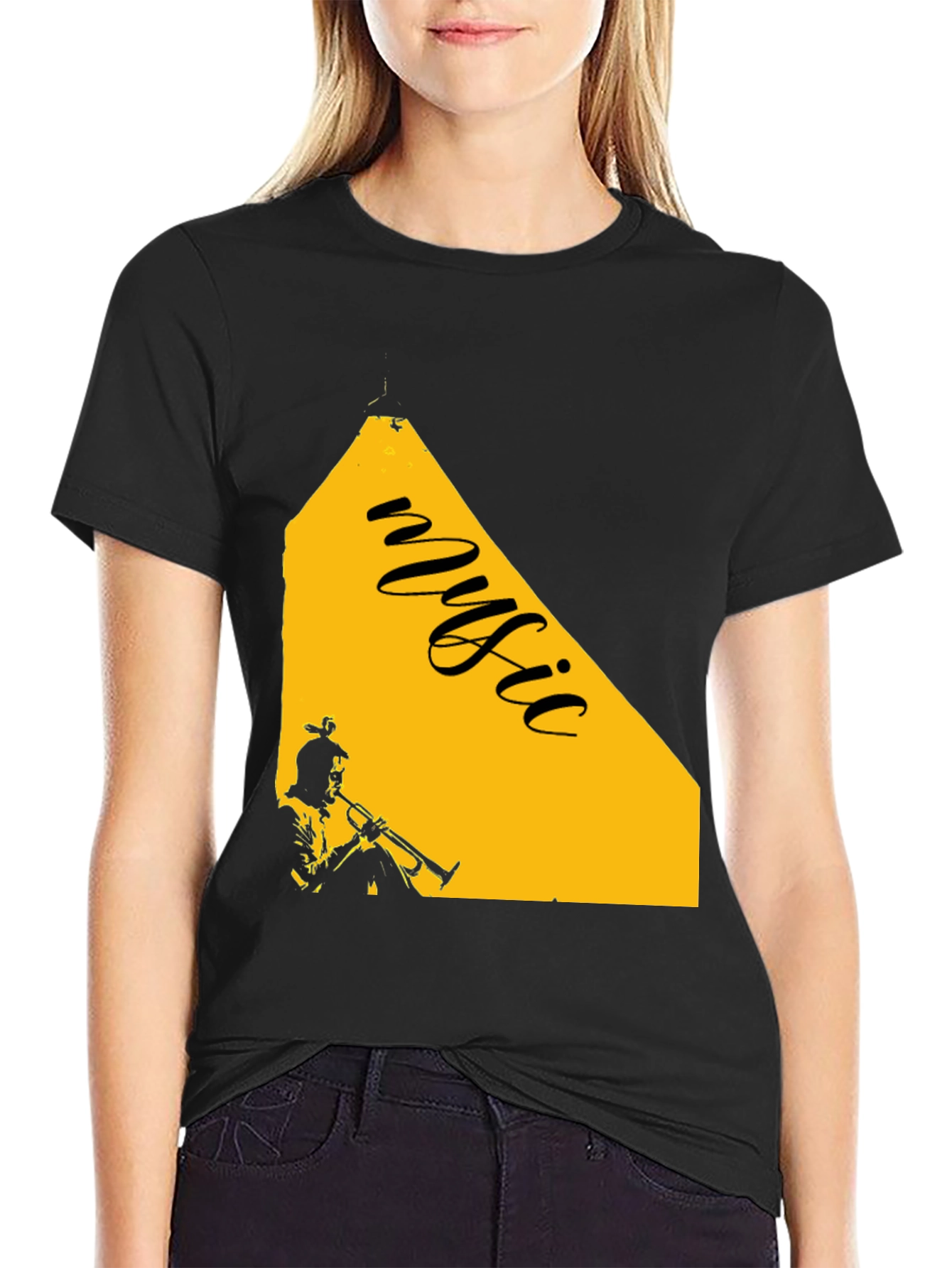 Music Trumpet Graphic Tee - Black Cotton Blend T-Shirt