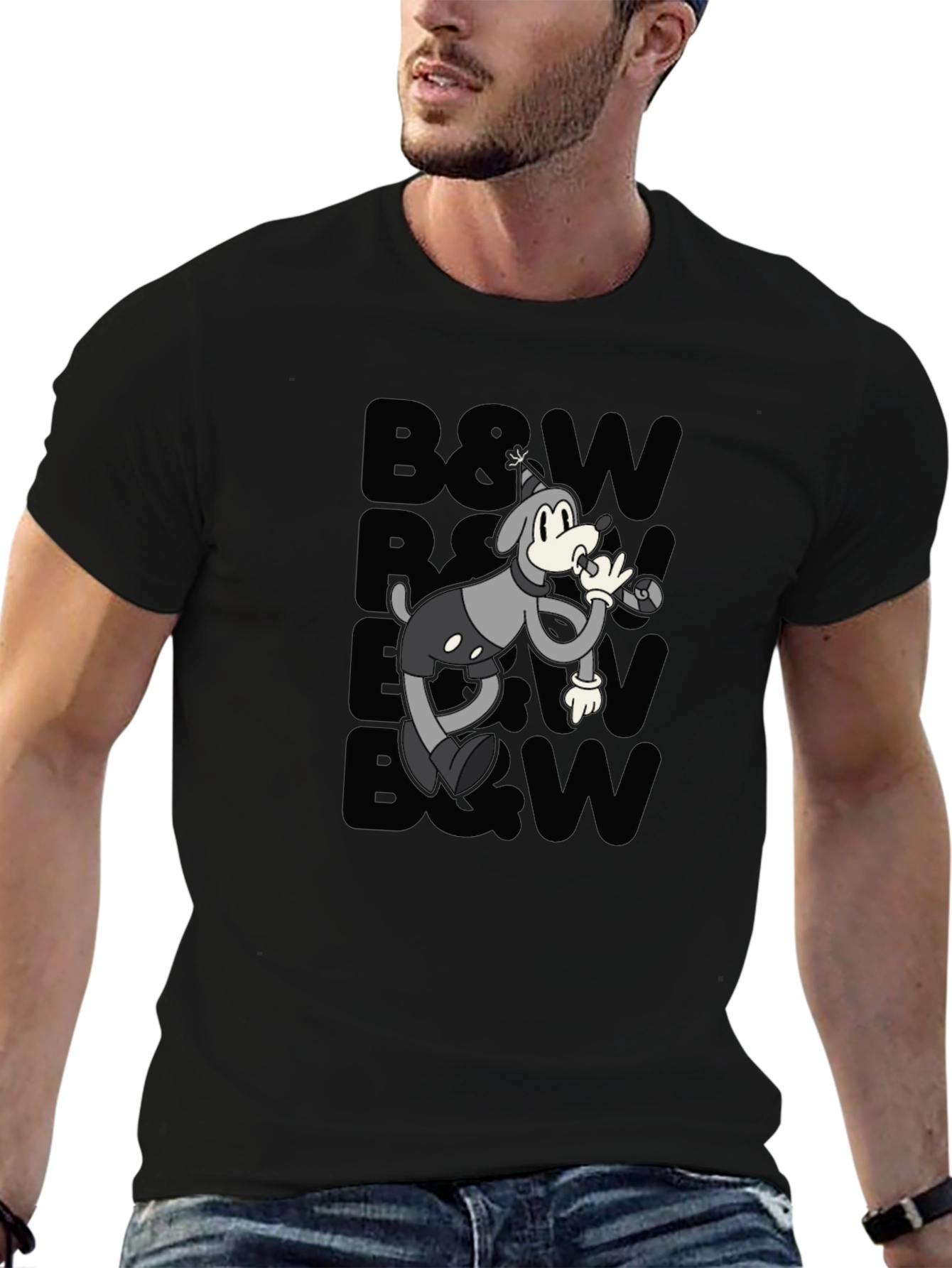 Retro Cartoon Dog T-Shirt - Black & White Style
