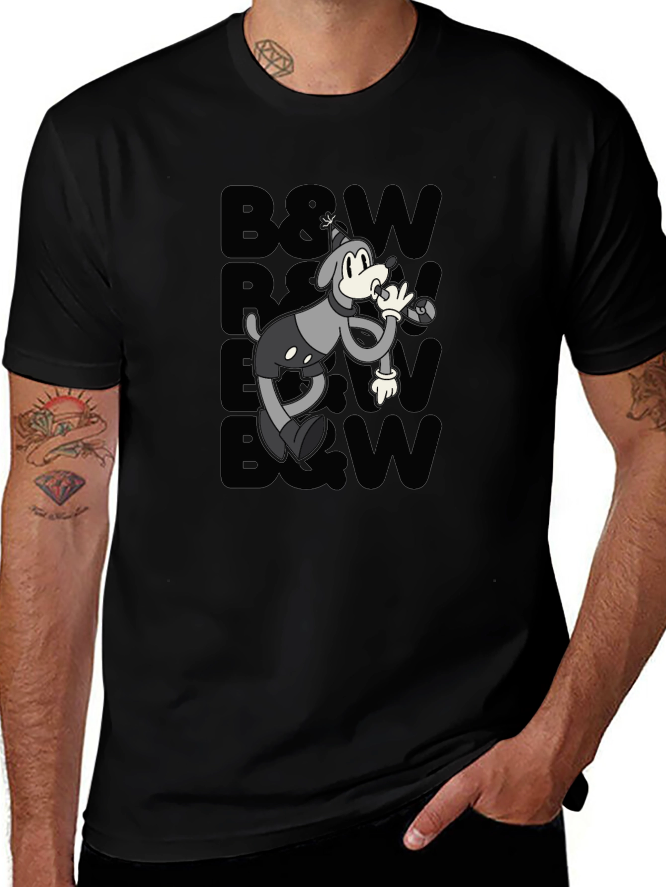 Retro Cartoon Dog T-Shirt - Black & White Style