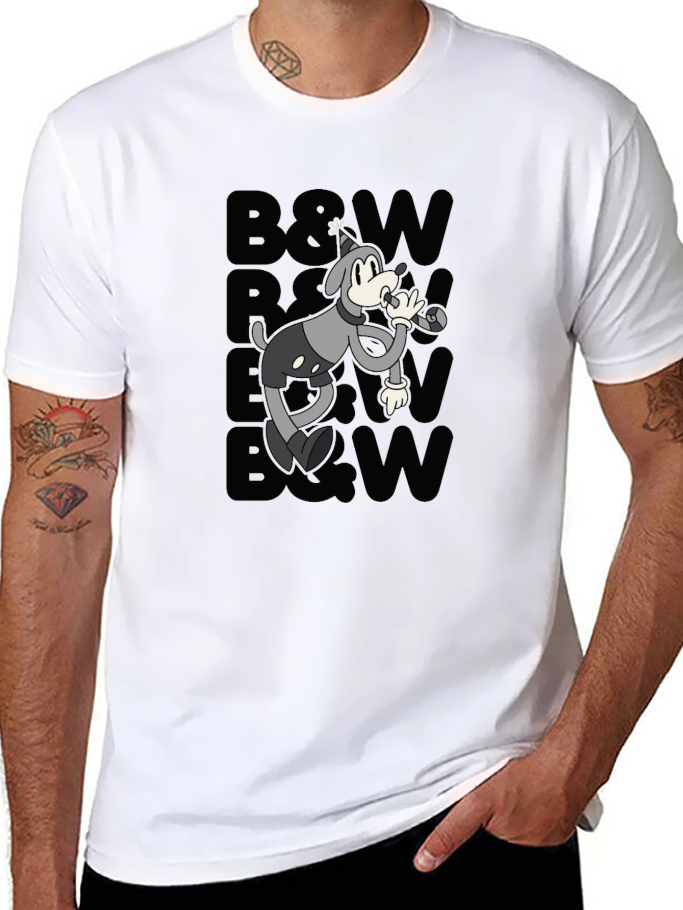 Retro Cartoon Dog T-Shirt - Black & White Style