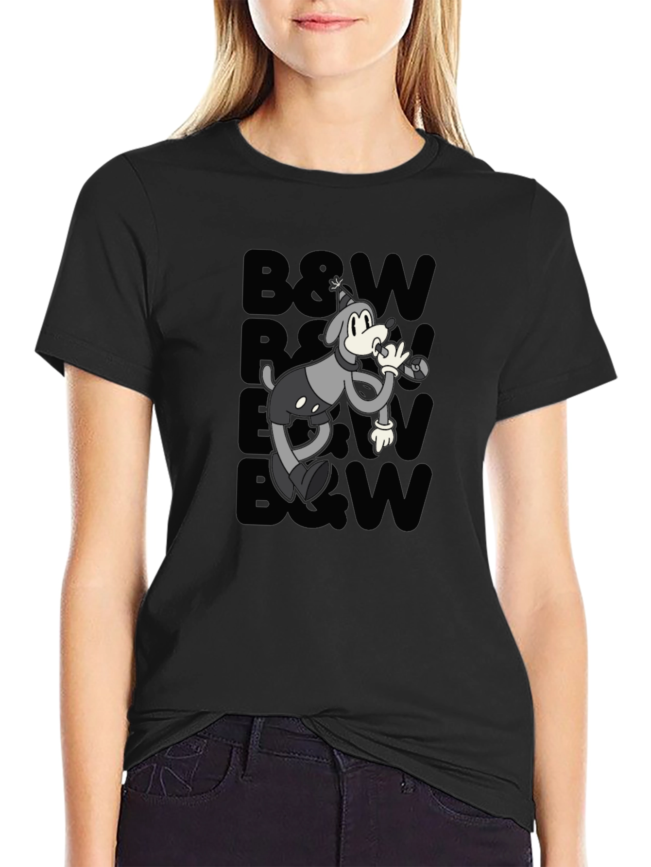 Retro Cartoon Dog T-Shirt - Black & White Style