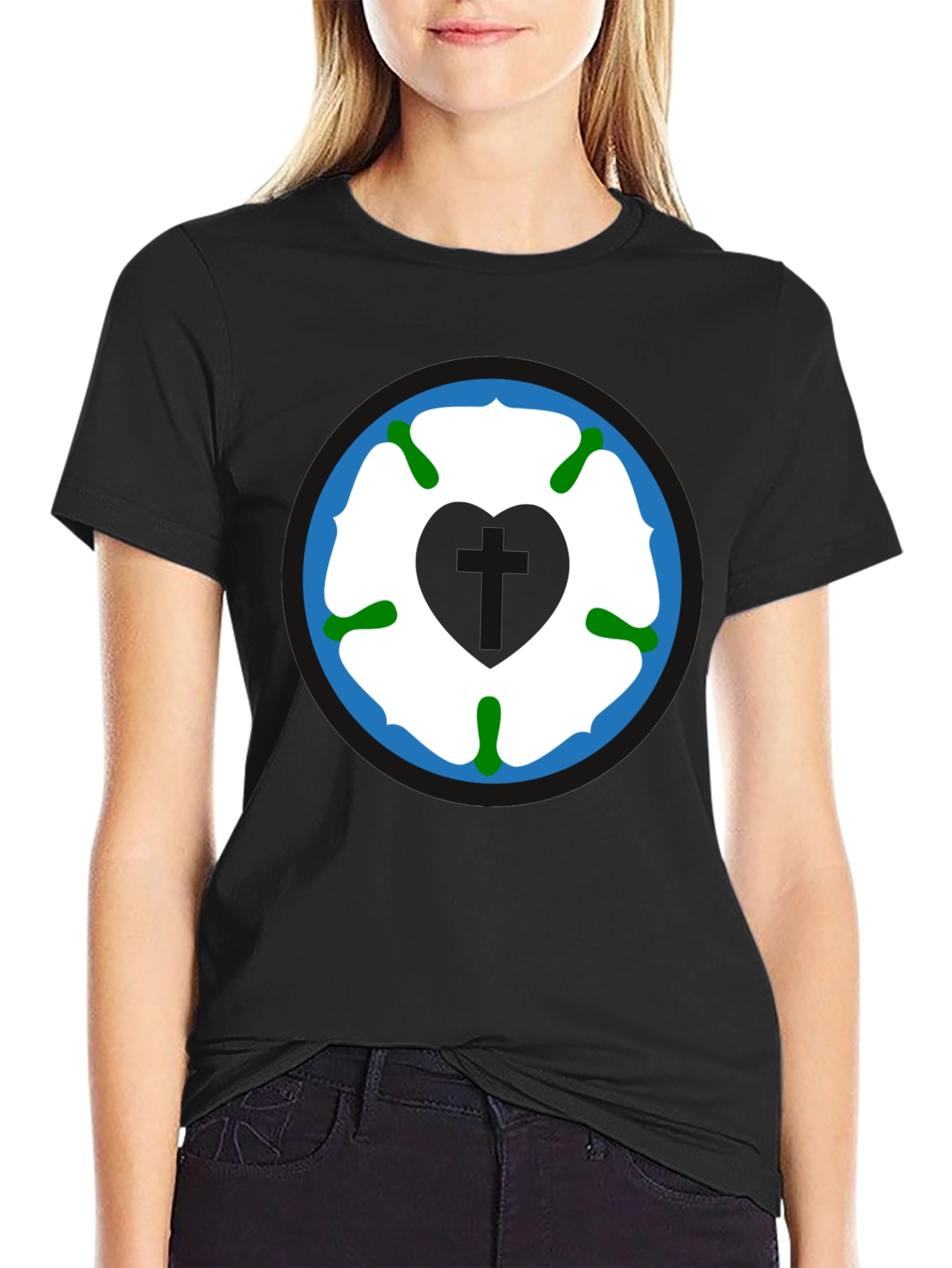 Yorkshire Rose Heart T-Shirt - Black Cotton Tee