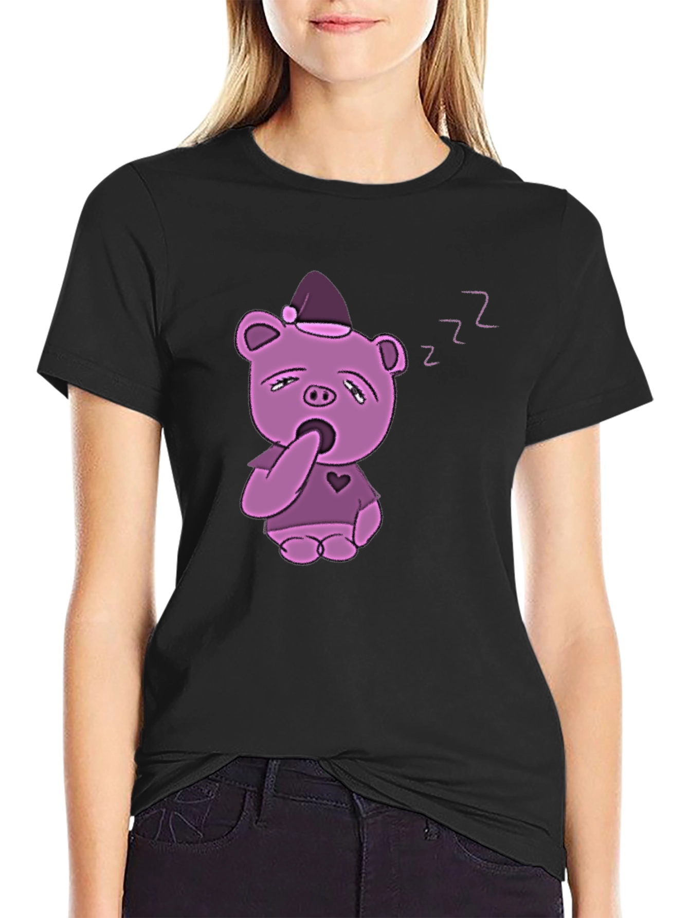 Sleepy Piggy T-Shirt - Black Cotton Blend