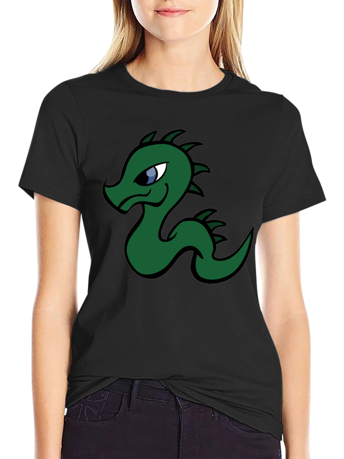 Cartoon Dragon Graphic Tee - Black Cotton T-Shirt