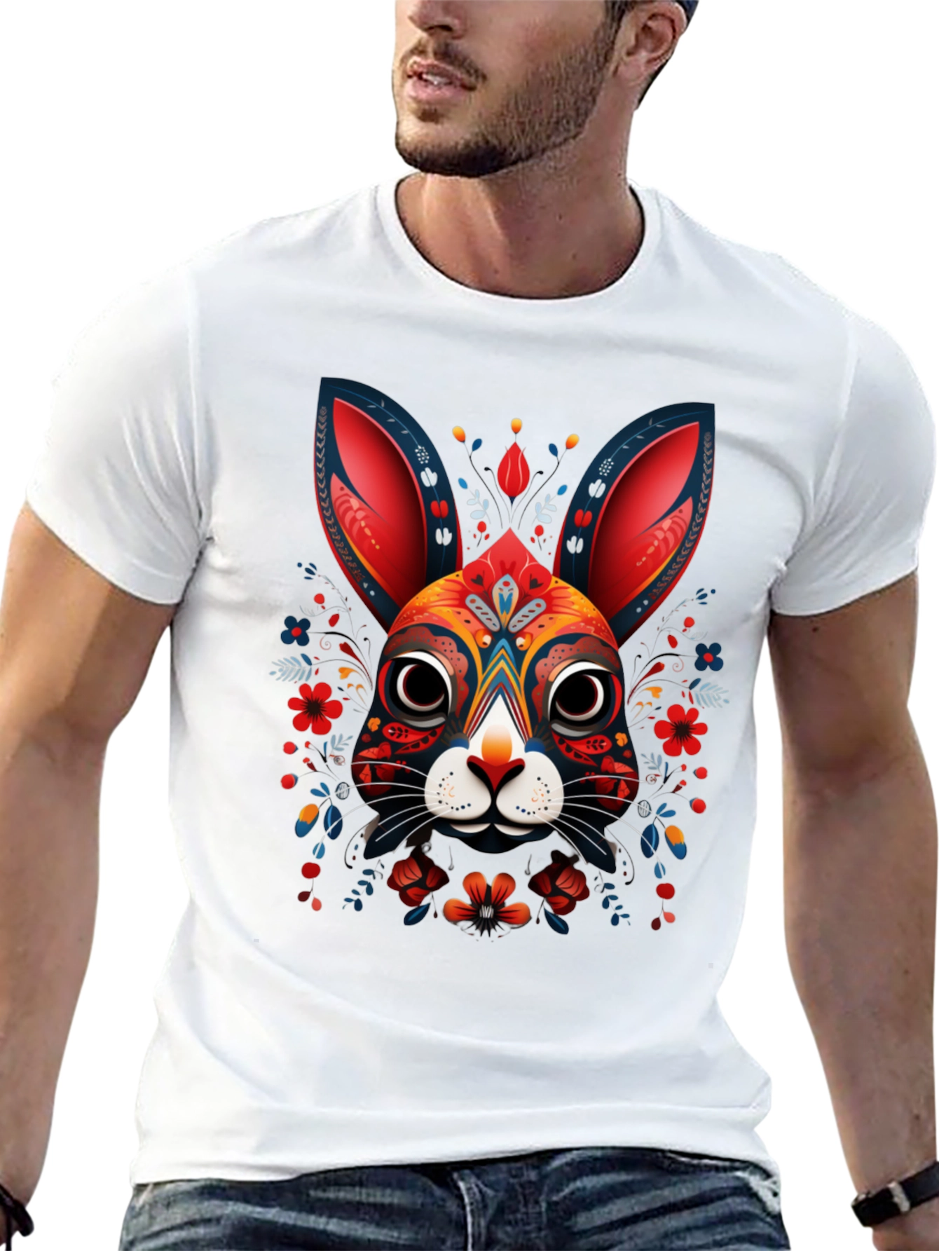 Rabbit Art Graphic Print Black T-Shirt