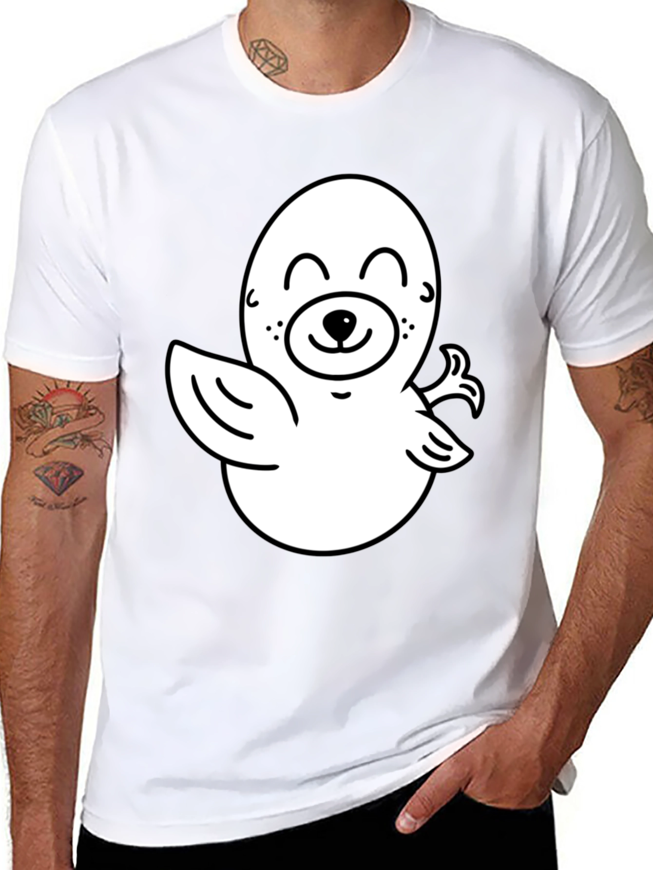 Cute Cartoon Seal Graphic T-Shirt - Black