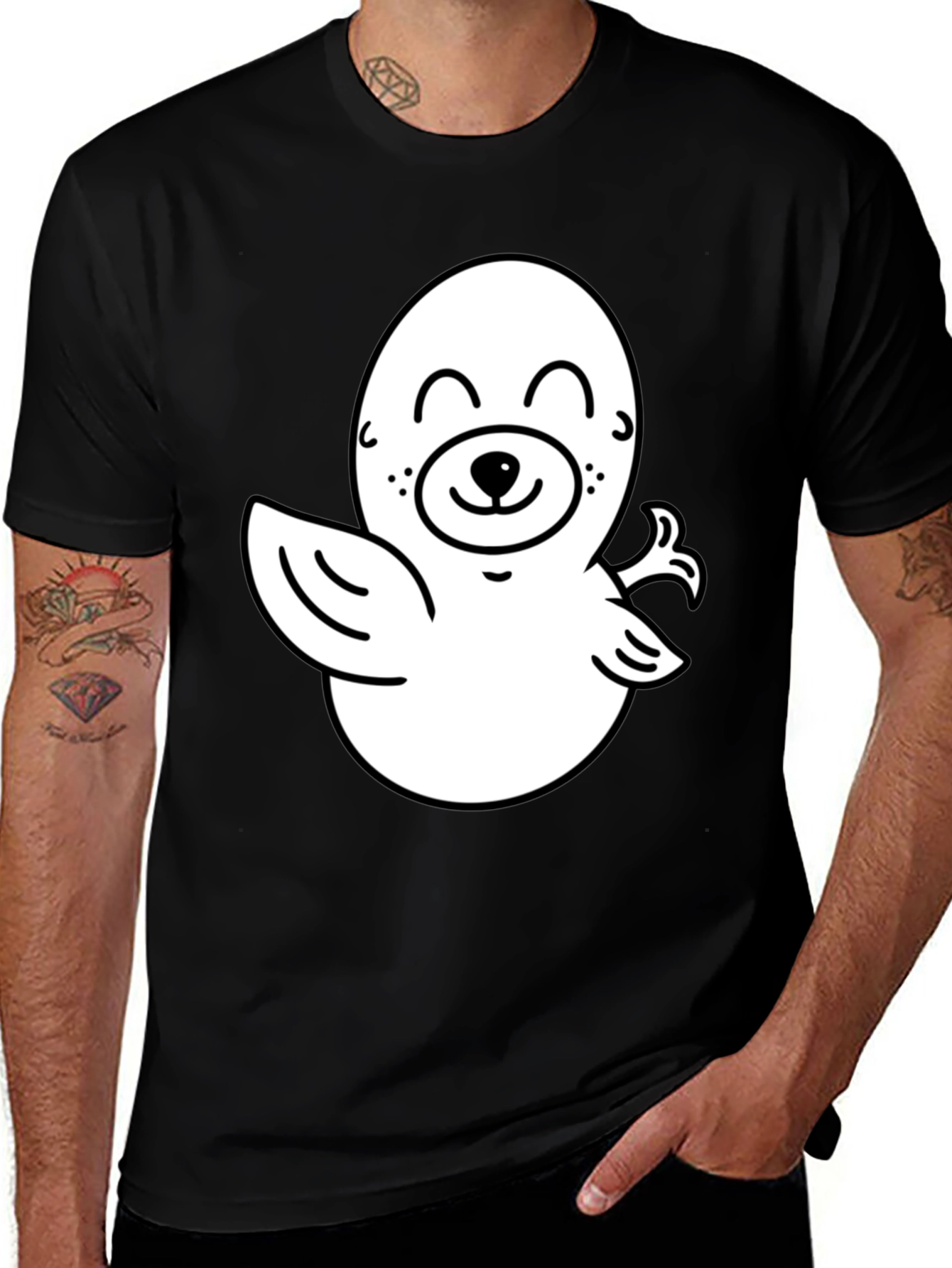 Cute Cartoon Seal Graphic T-Shirt - Black