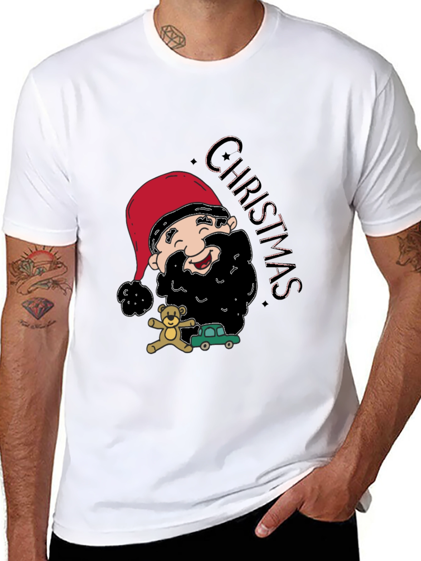 Festive Christmas Cartoon Santa Black T-Shirt