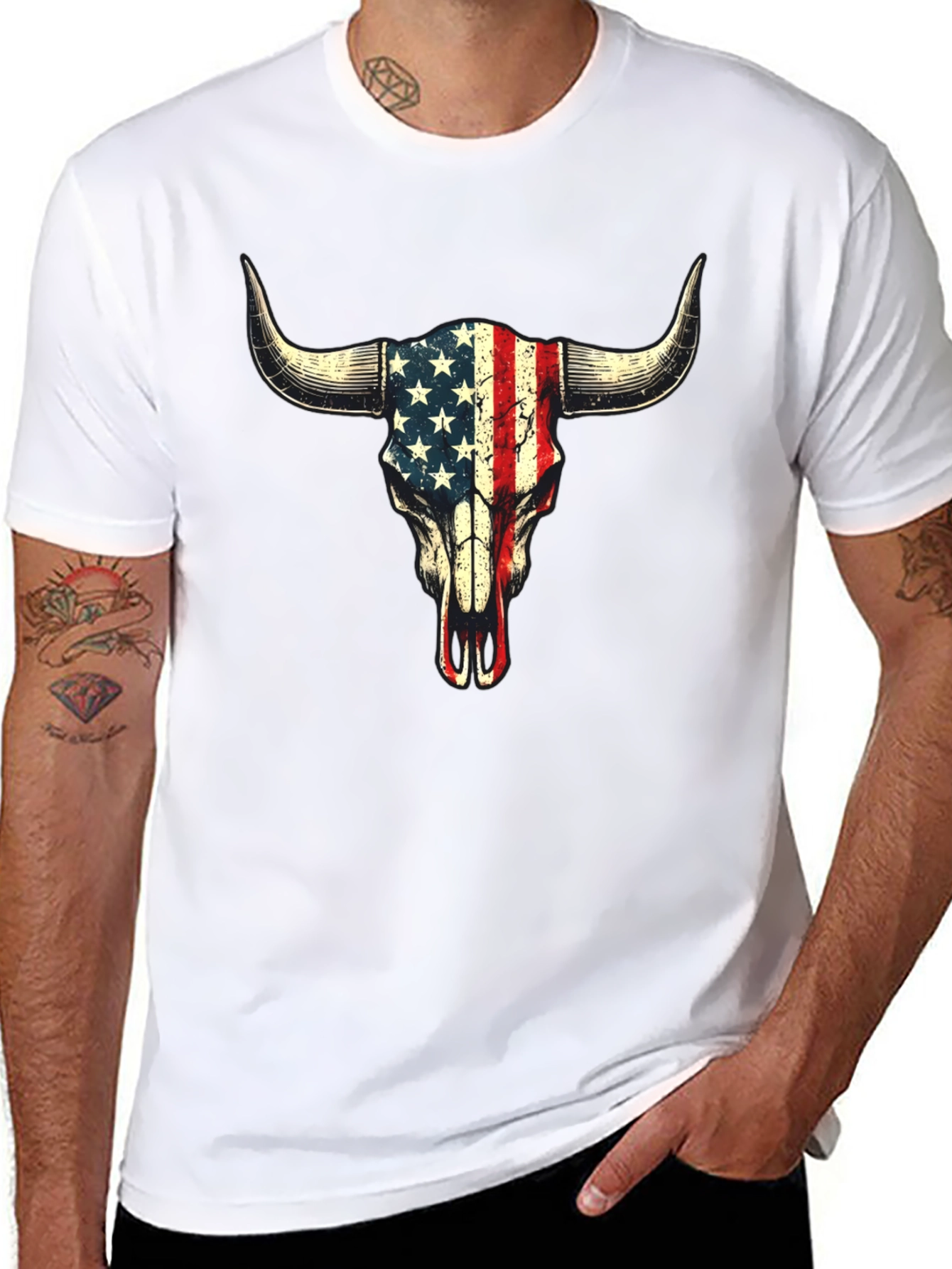 American Flag Bull Skull Graphic T-Shirt