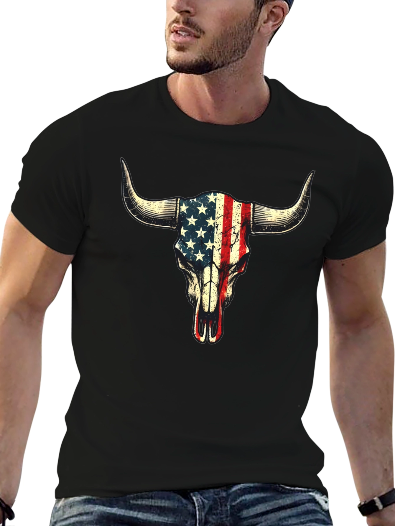 American Flag Bull Skull Graphic T-Shirt
