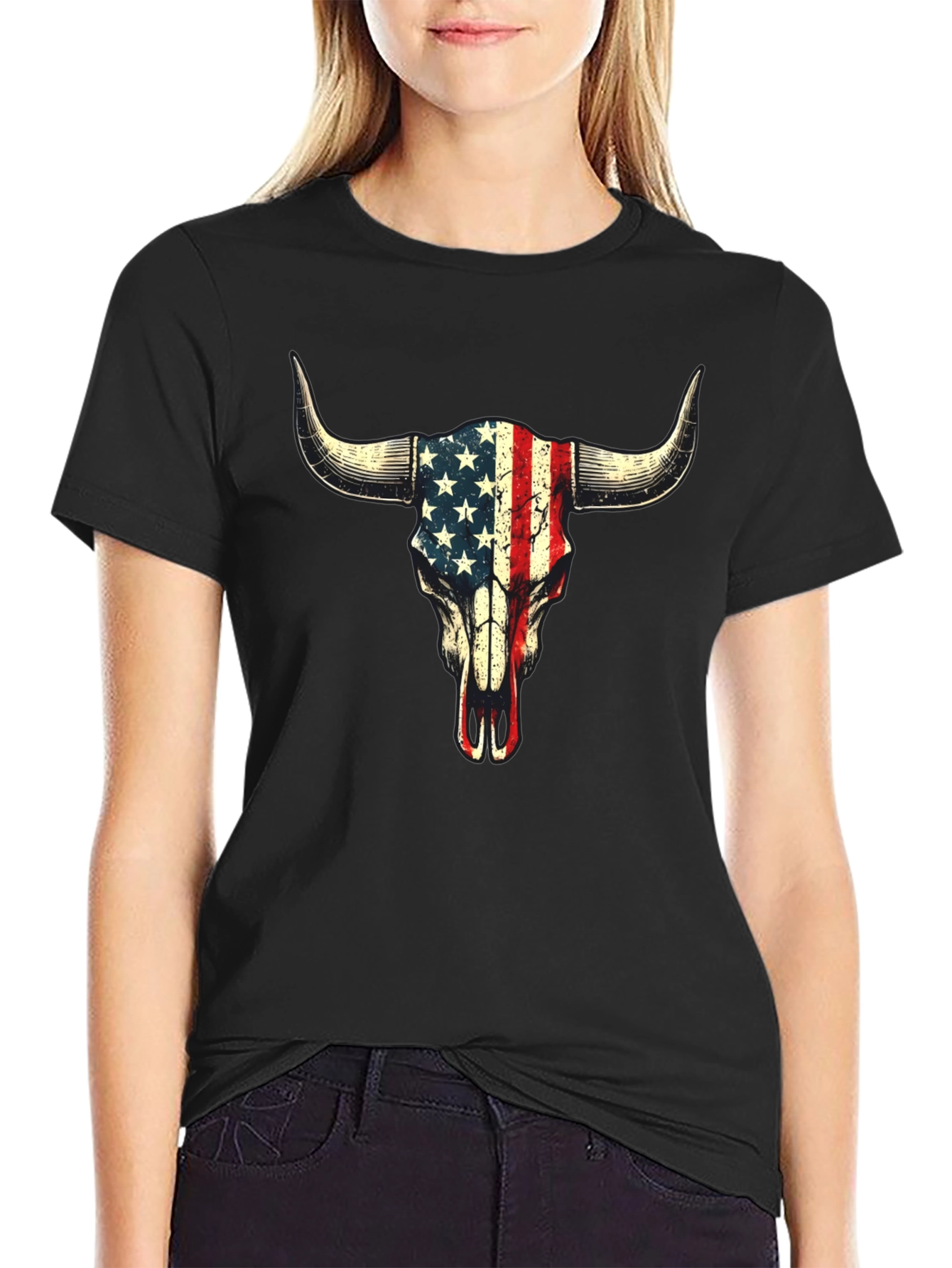 American Flag Bull Skull Graphic T-Shirt