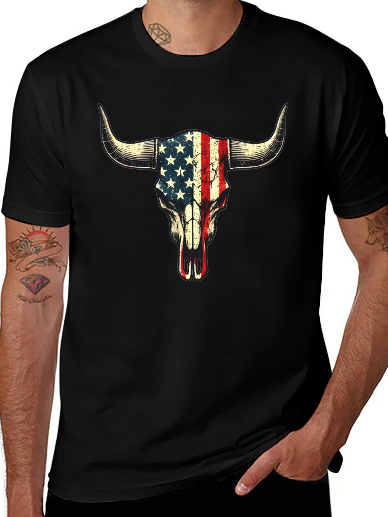 American Flag Bull Skull Graphic T-Shirt