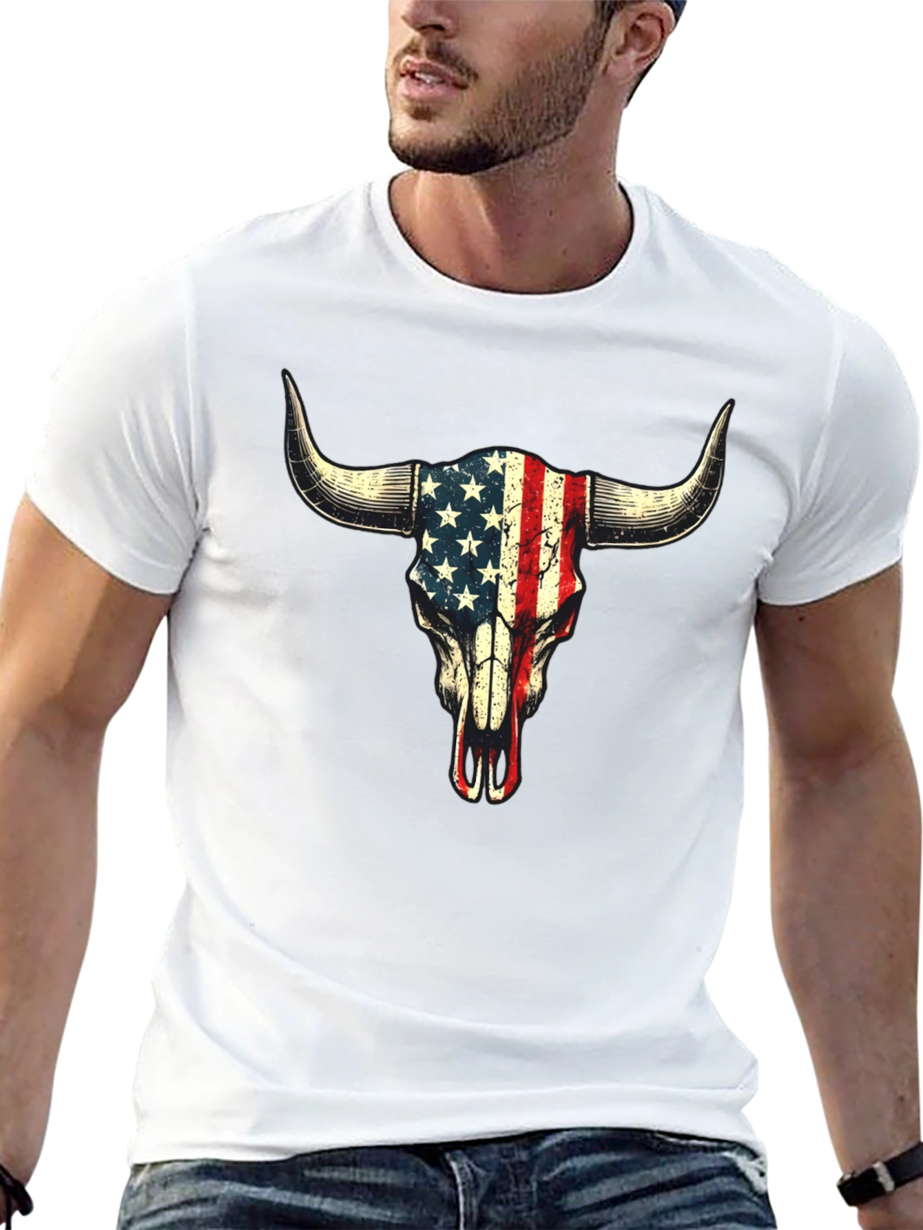 American Flag Bull Skull Graphic T-Shirt
