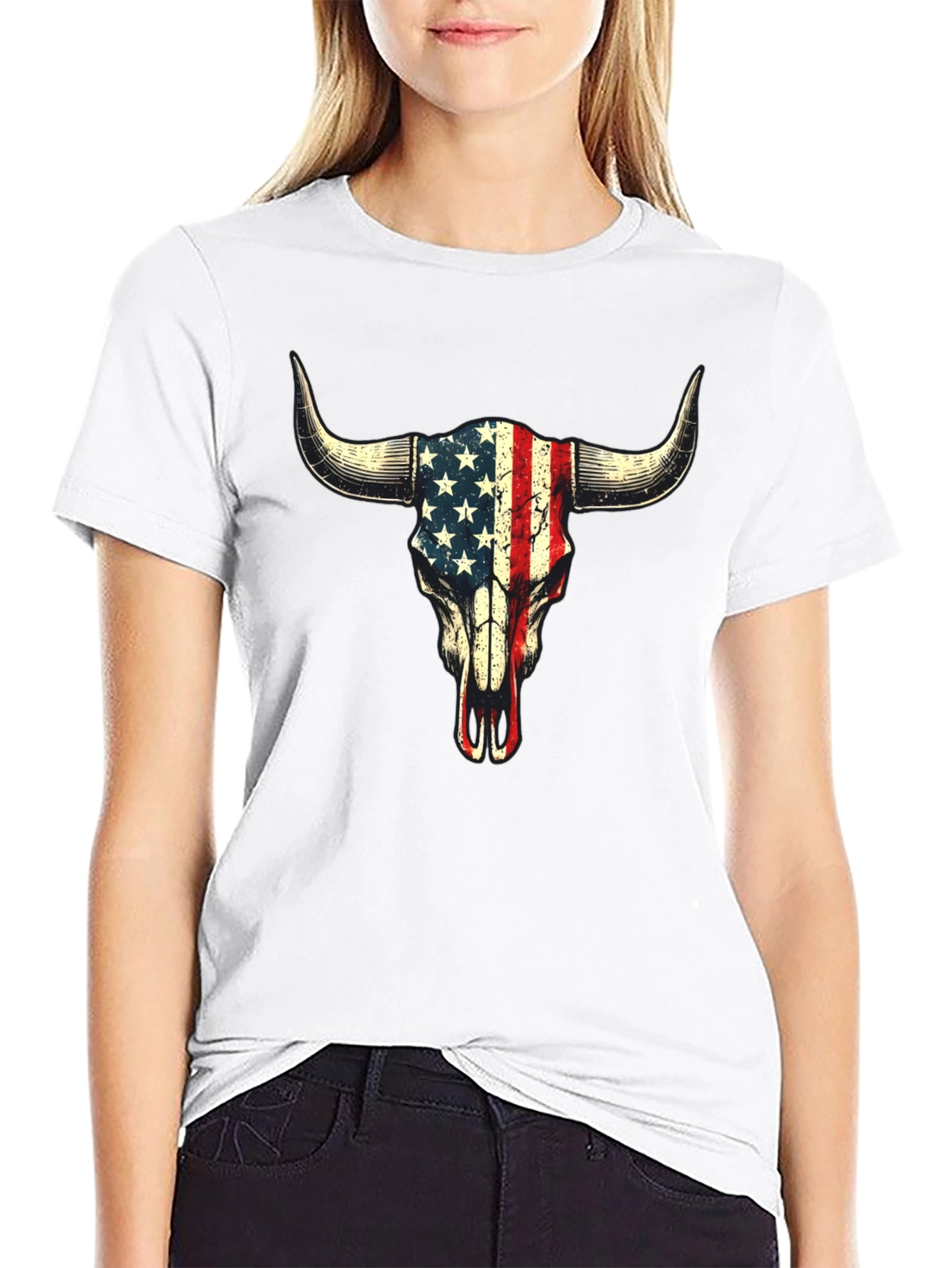American Flag Bull Skull Graphic T-Shirt