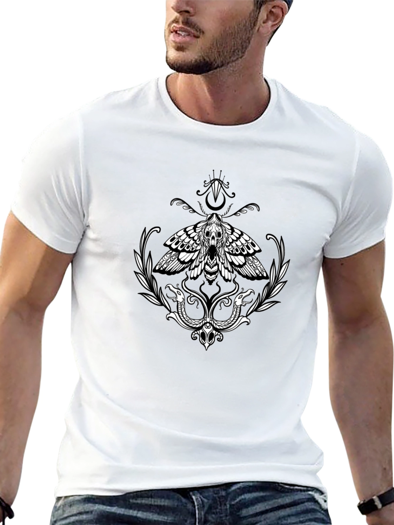 Moth and Snake Graphic Print Black T-Shirt