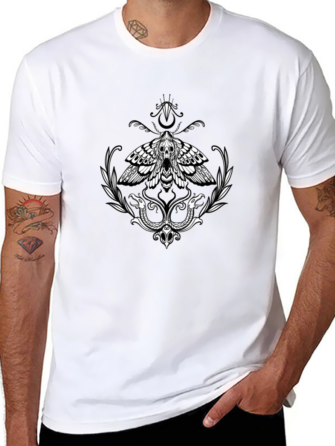 Moth and Snake Graphic Print Black T-Shirt