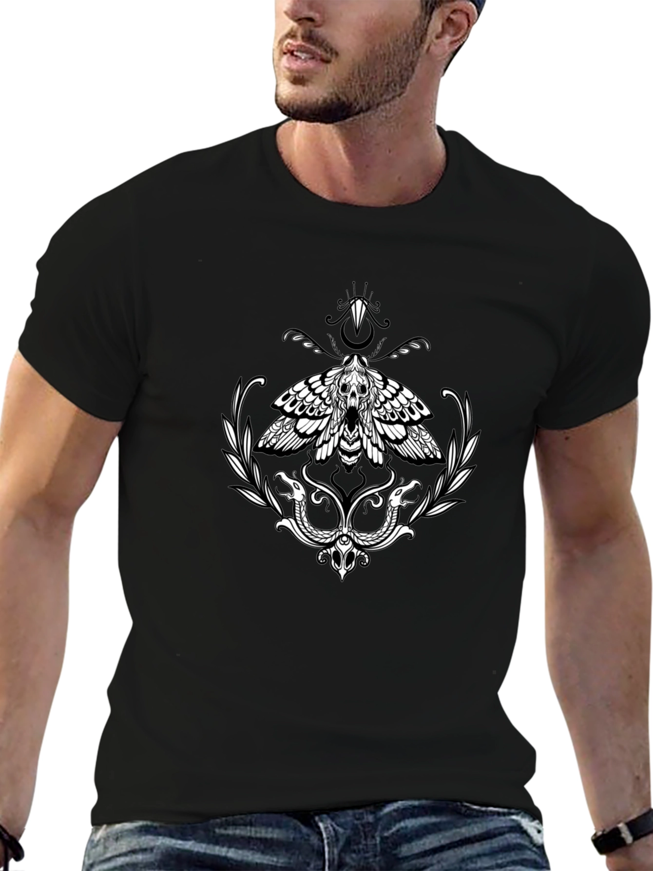 Moth and Snake Graphic Print Black T-Shirt