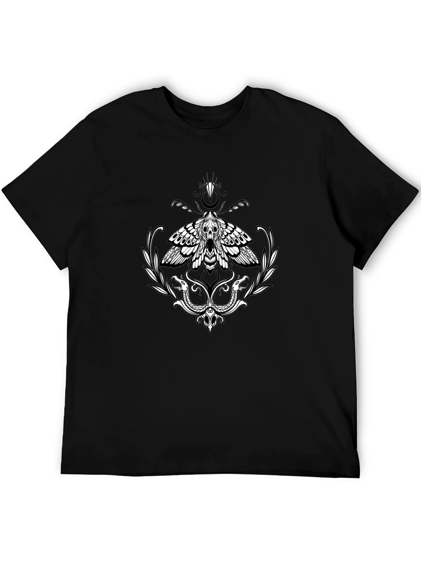 Moth and Snake Graphic Print Black T-Shirt
