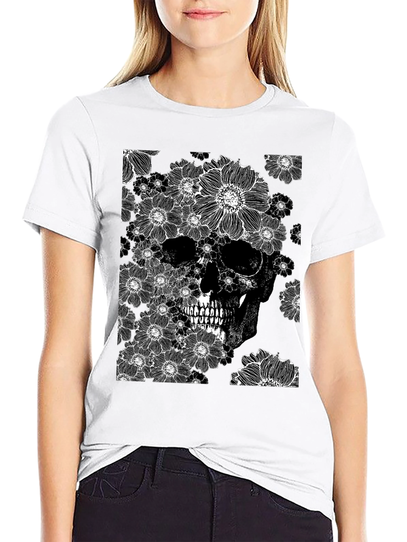 Floral Skull Graphic Tee - Black