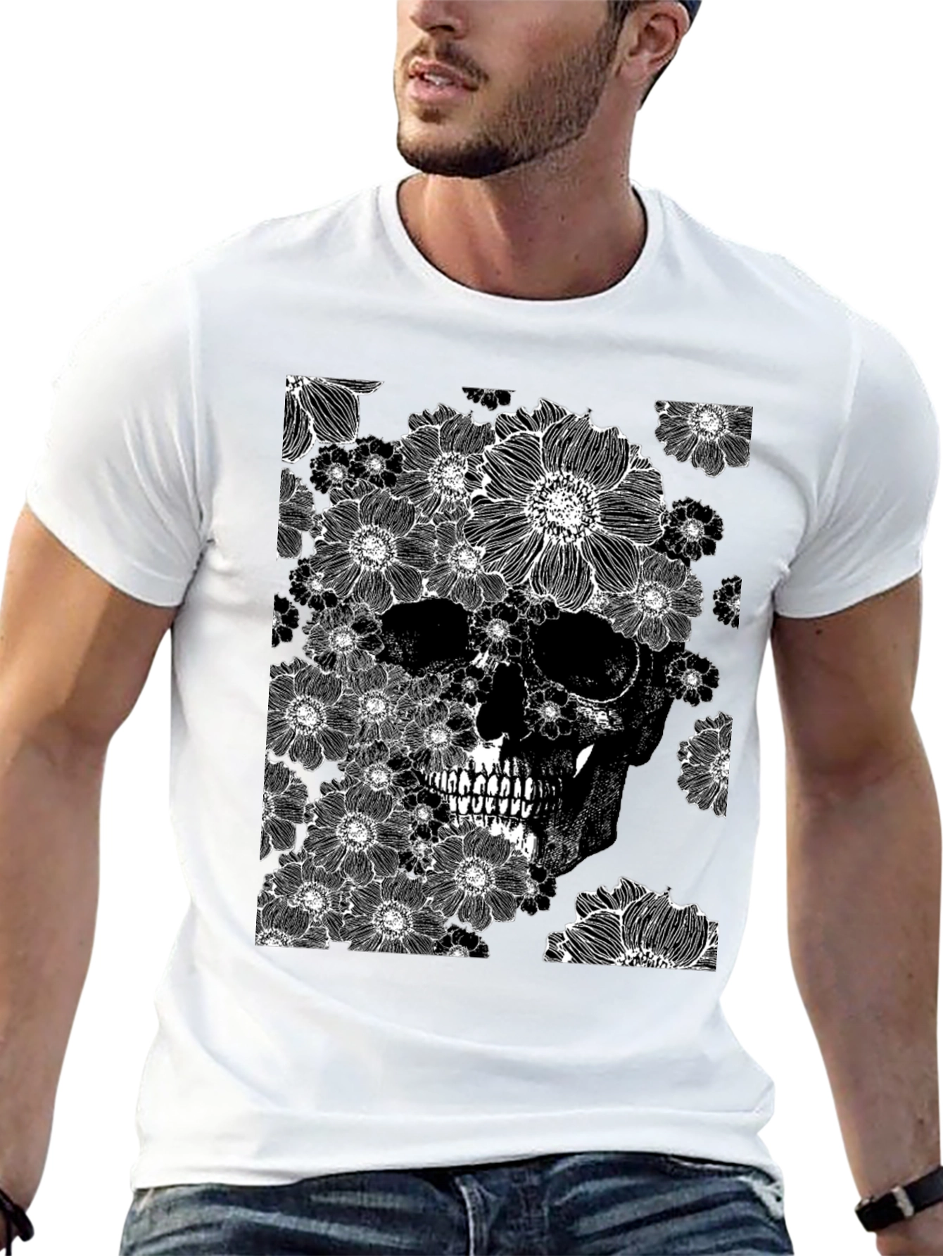 Floral Skull Graphic Tee - Black