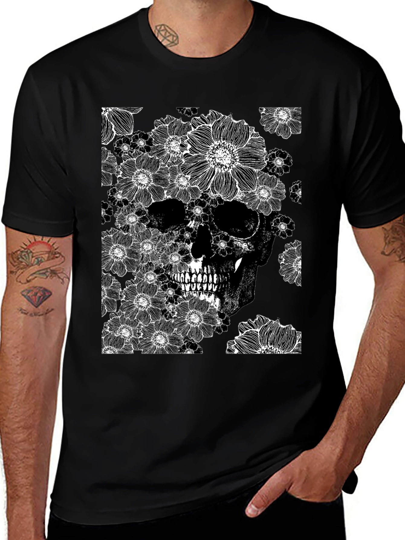 Floral Skull Graphic Tee - Black