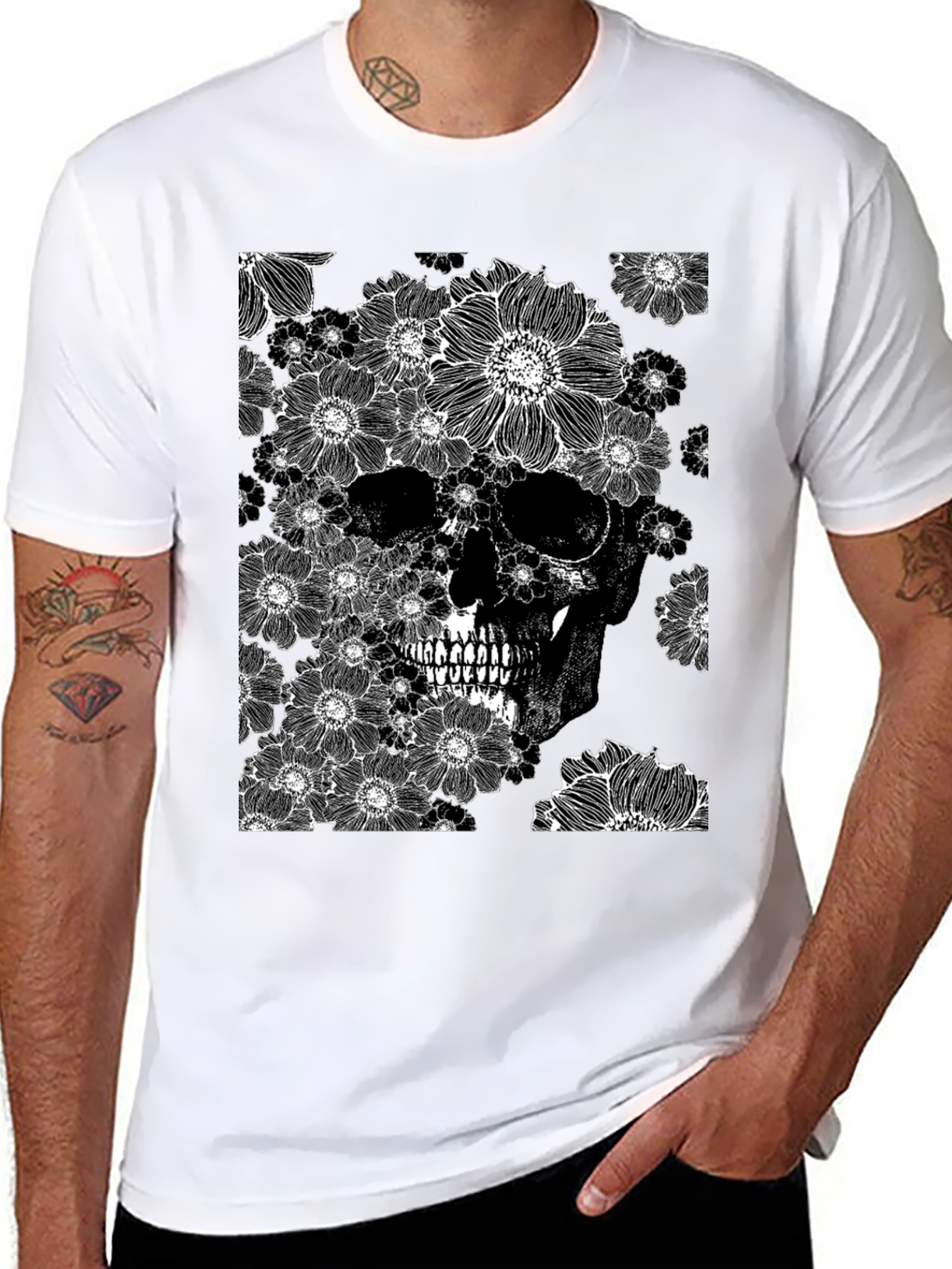 Floral Skull Graphic Tee - Black