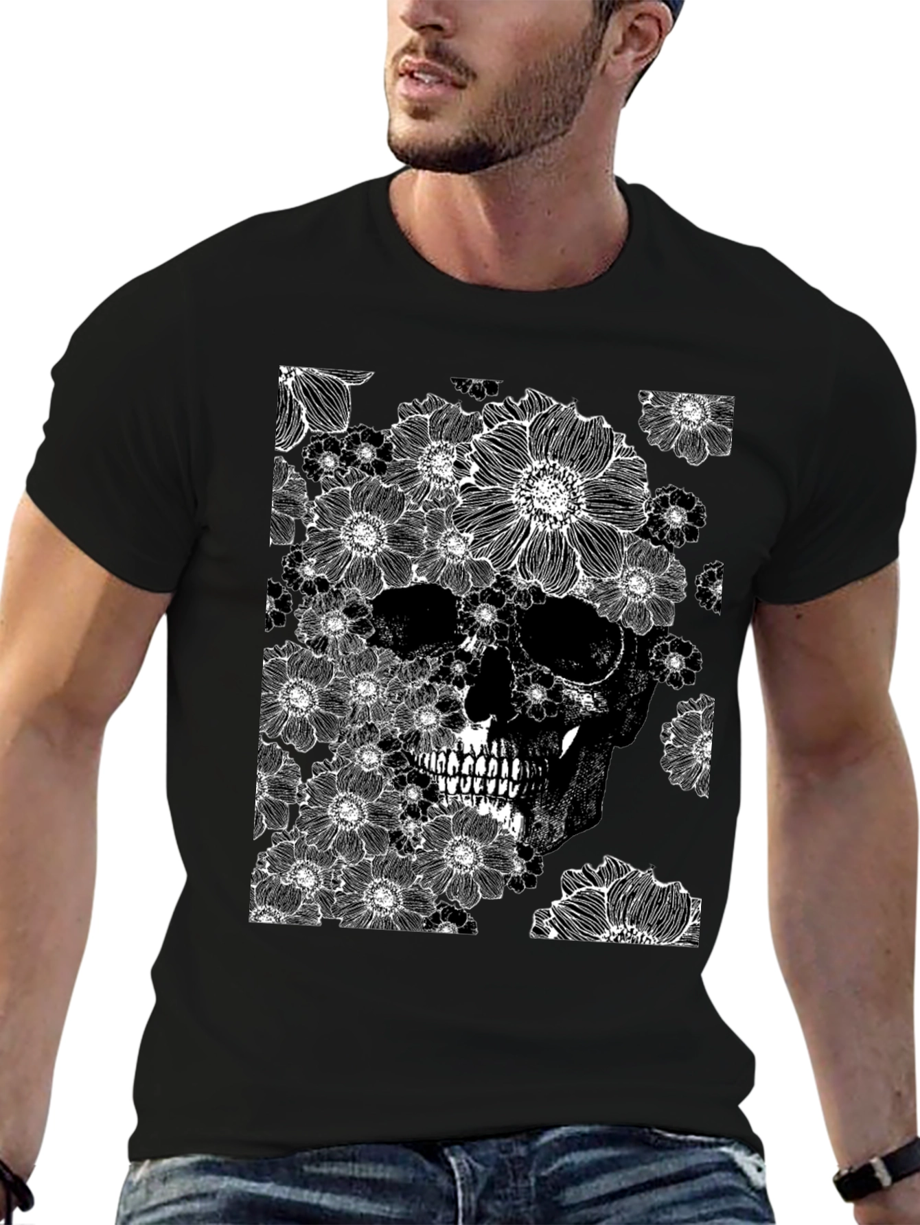 Floral Skull Graphic Tee - Black
