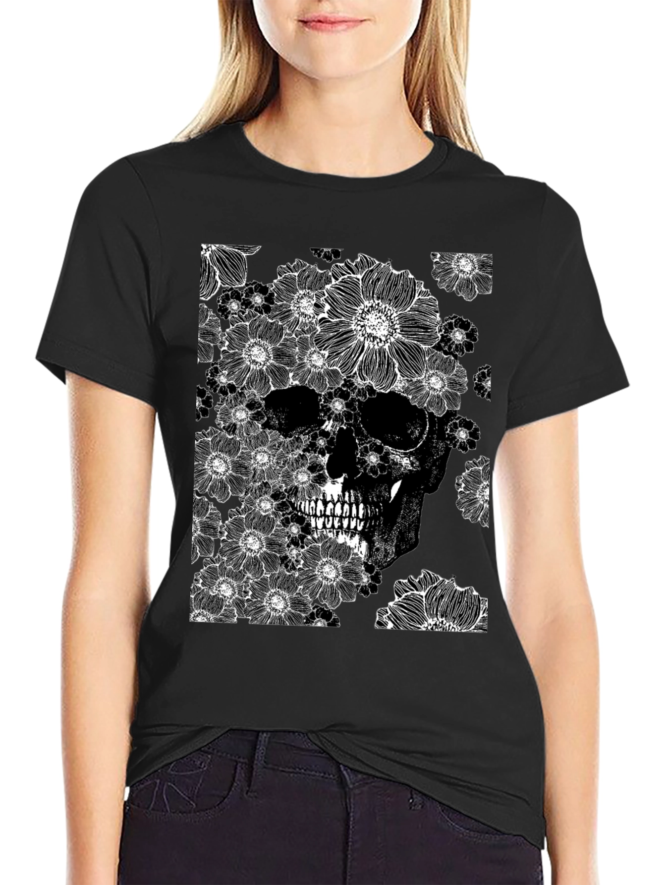 Floral Skull Graphic Tee - Black