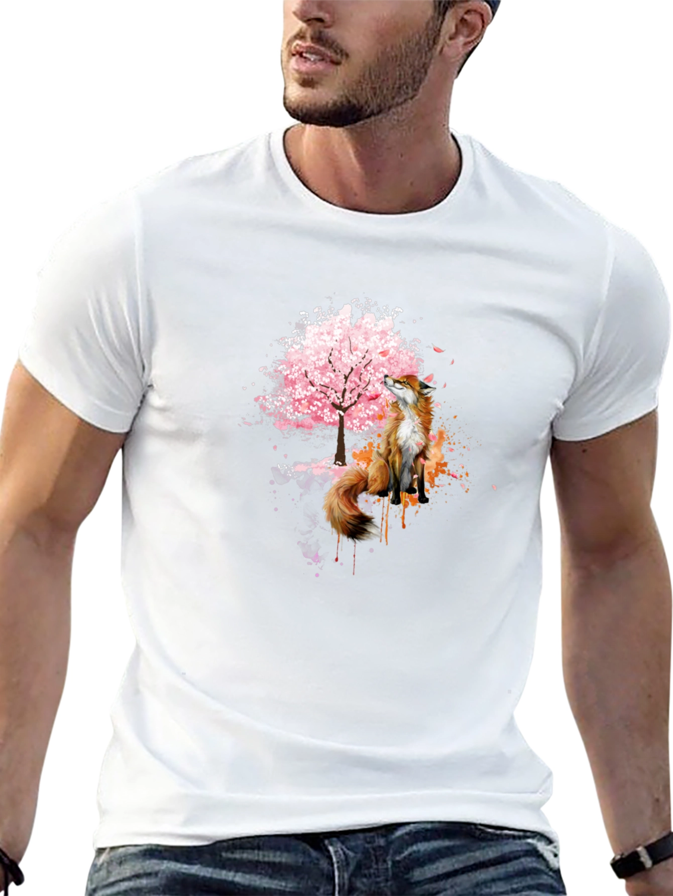 Fox and Cherry Blossom Tree Graphic T-Shirt