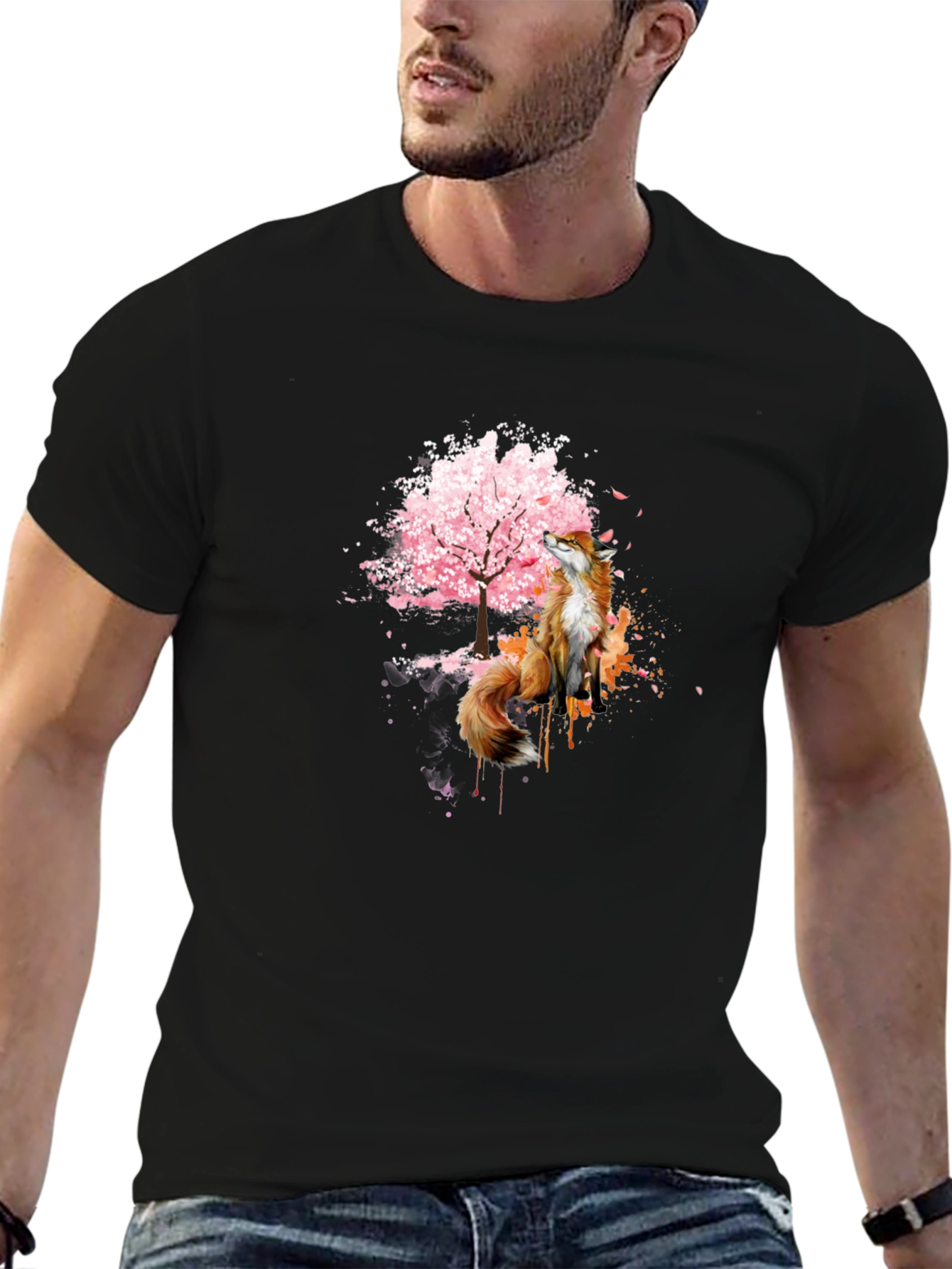 Fox and Cherry Blossom Tree Graphic T-Shirt