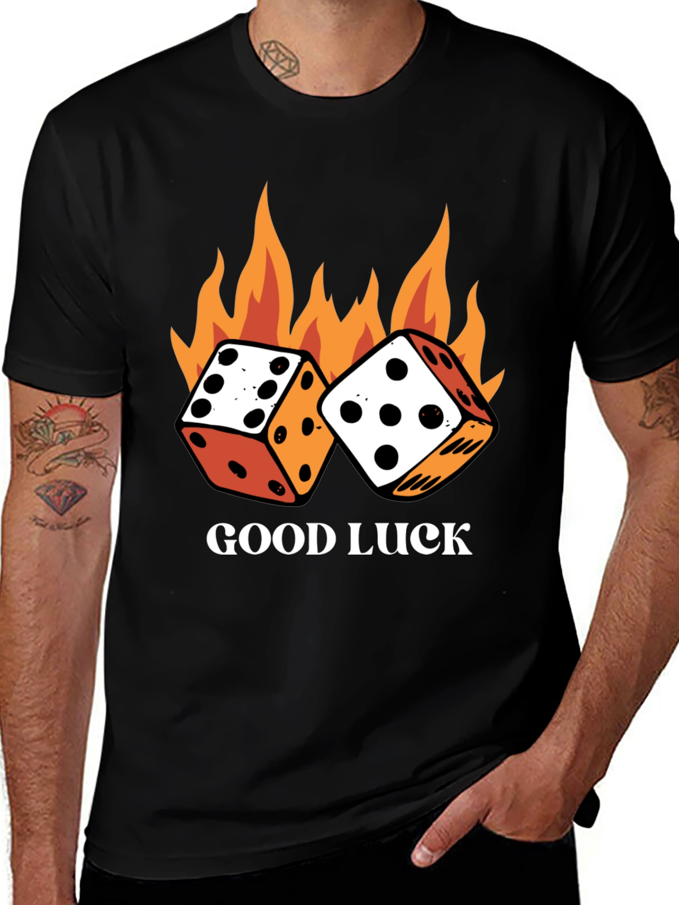 Good Luck Dice Flames Graphic Black T-Shirt