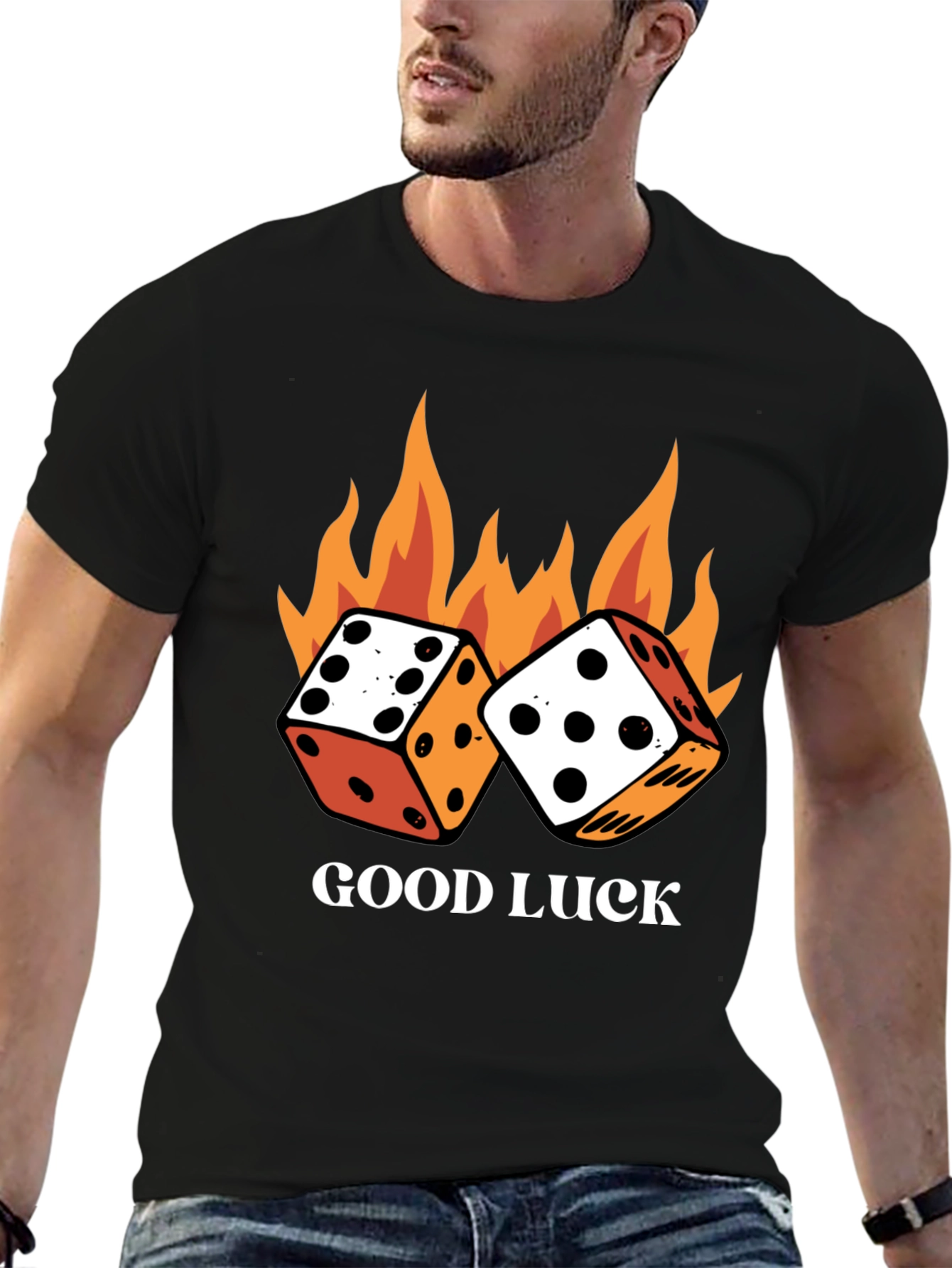 Good Luck Dice Flames Graphic Black T-Shirt