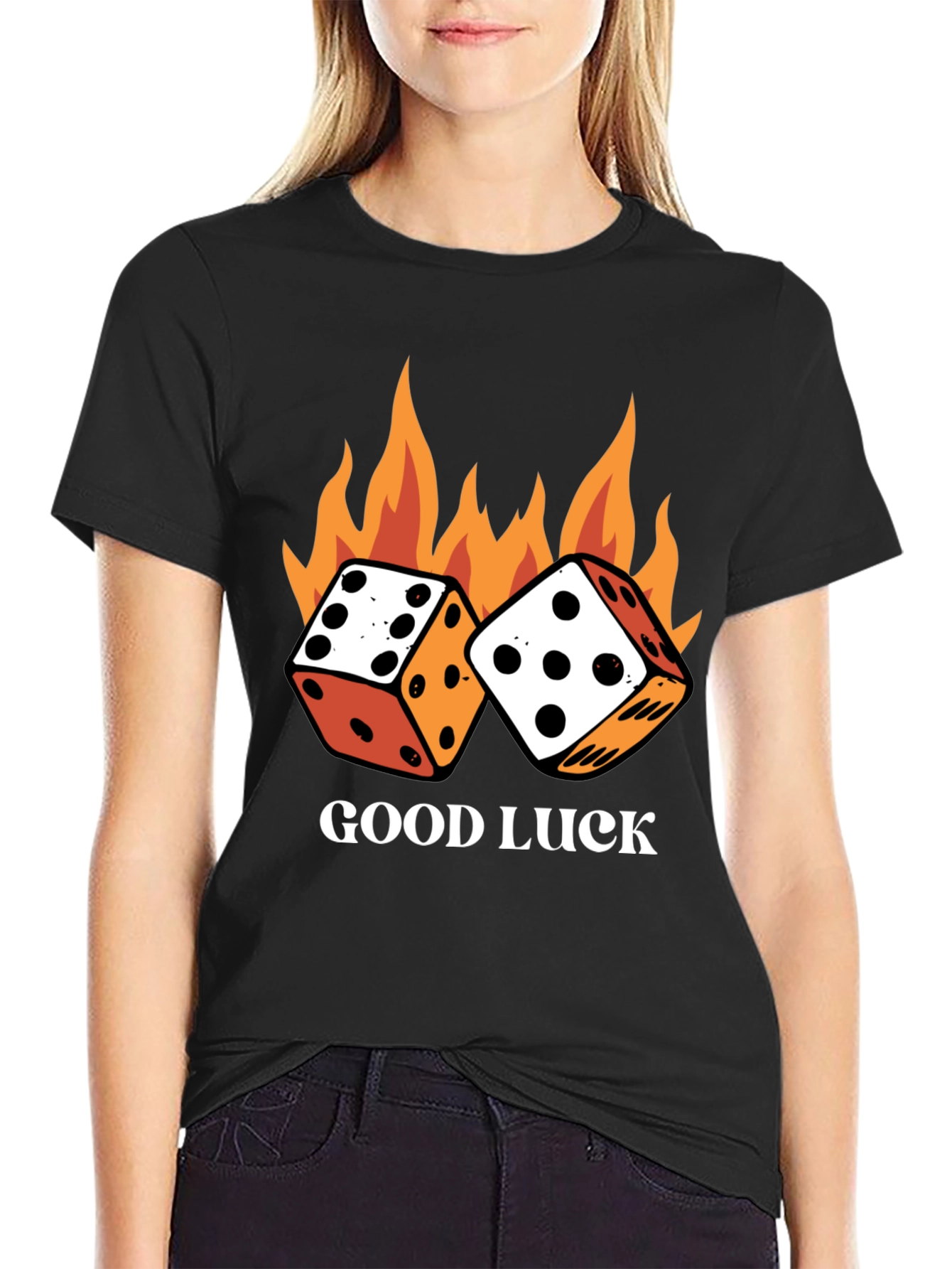 Good Luck Dice Flames Graphic Black T-Shirt