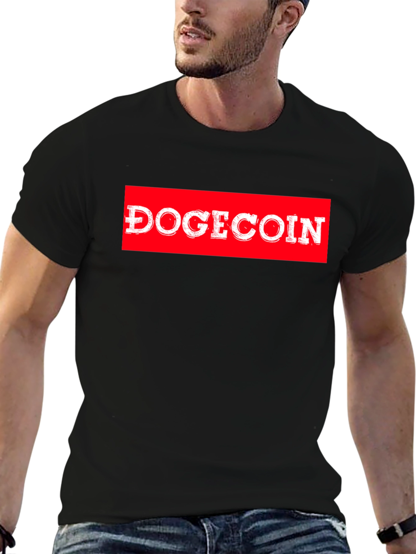 Dogecoin Red Box Logo Black T-Shirt Crypto Meme