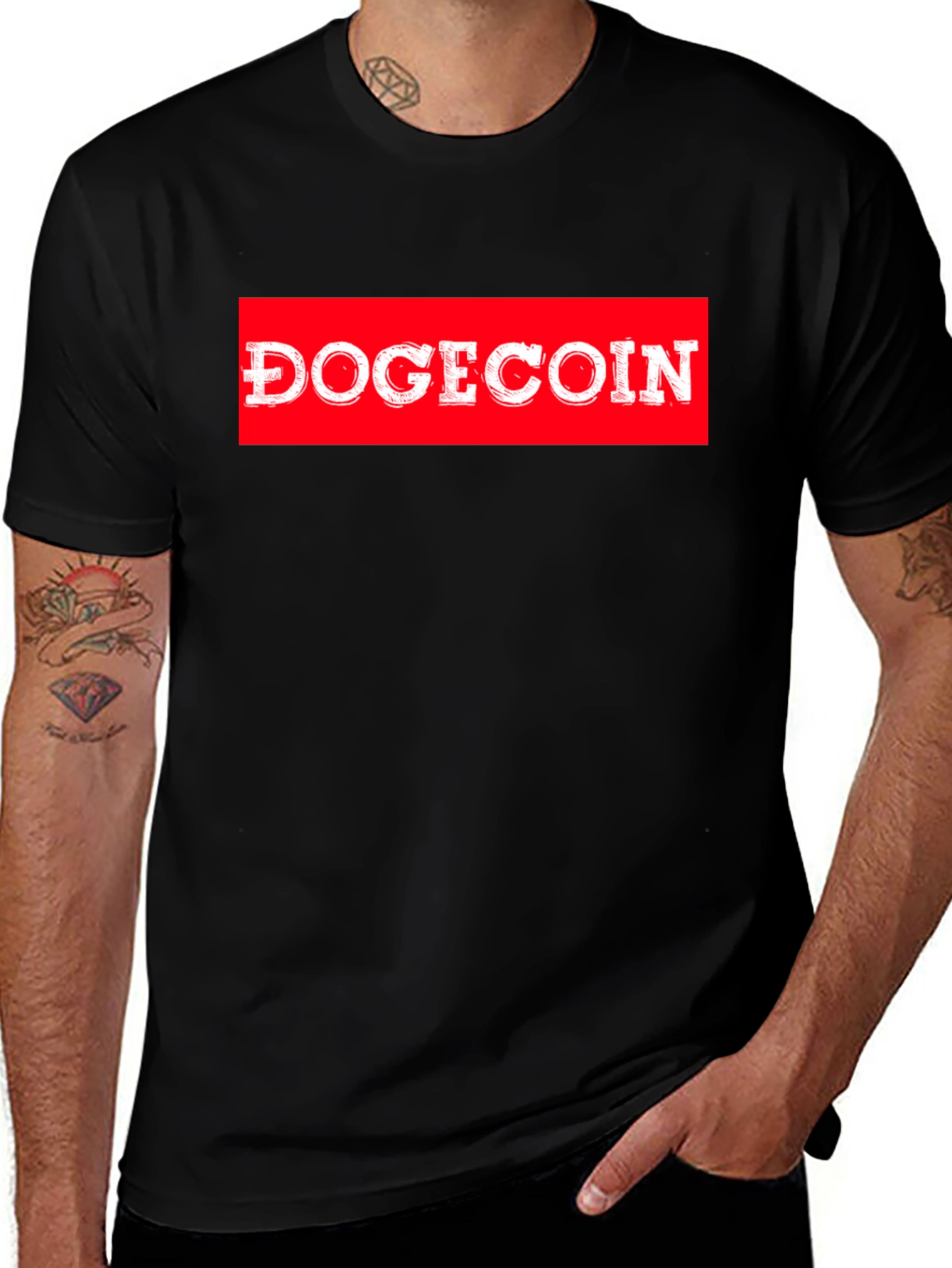 Dogecoin Red Box Logo Black T-Shirt Crypto Meme