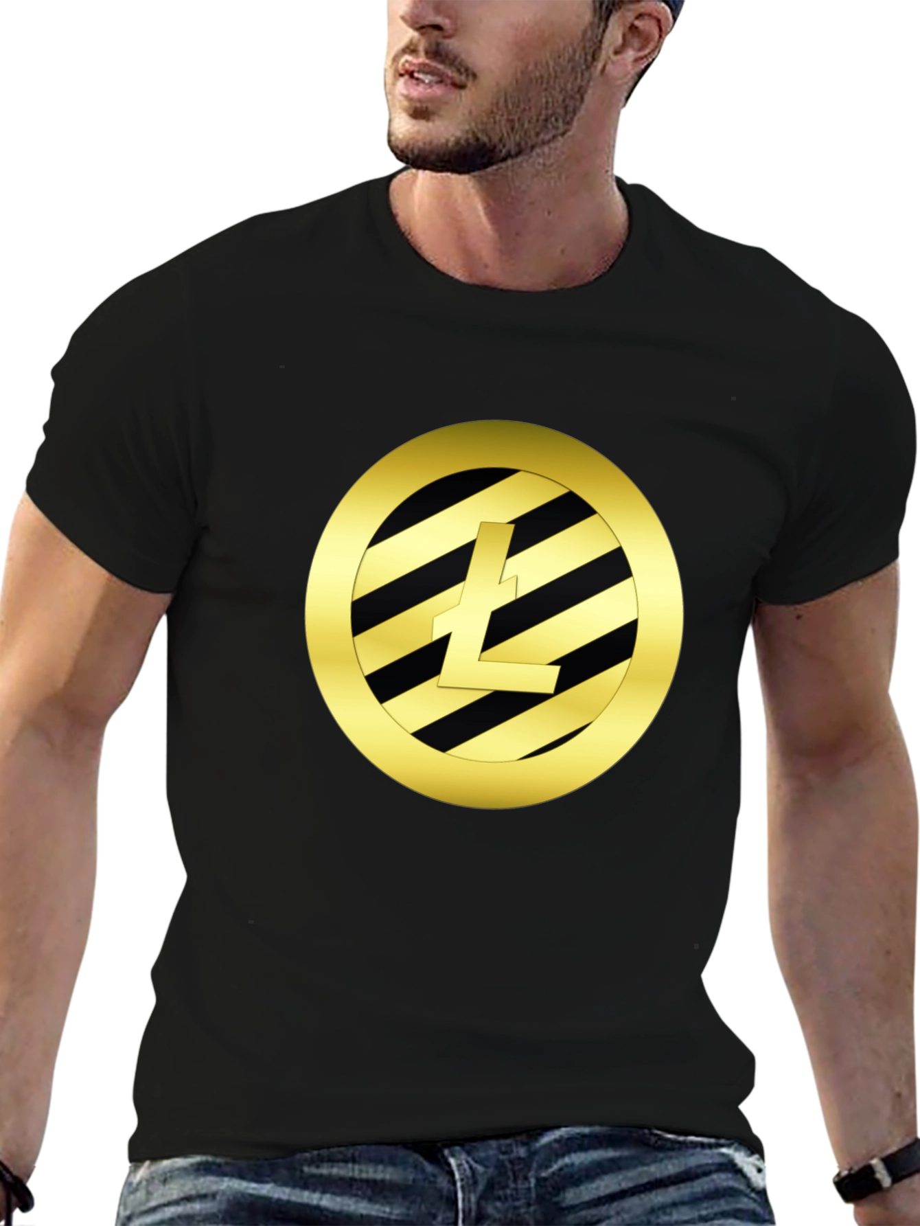 Litecoin Crypto Black T-Shirt - Gold Emblem Design