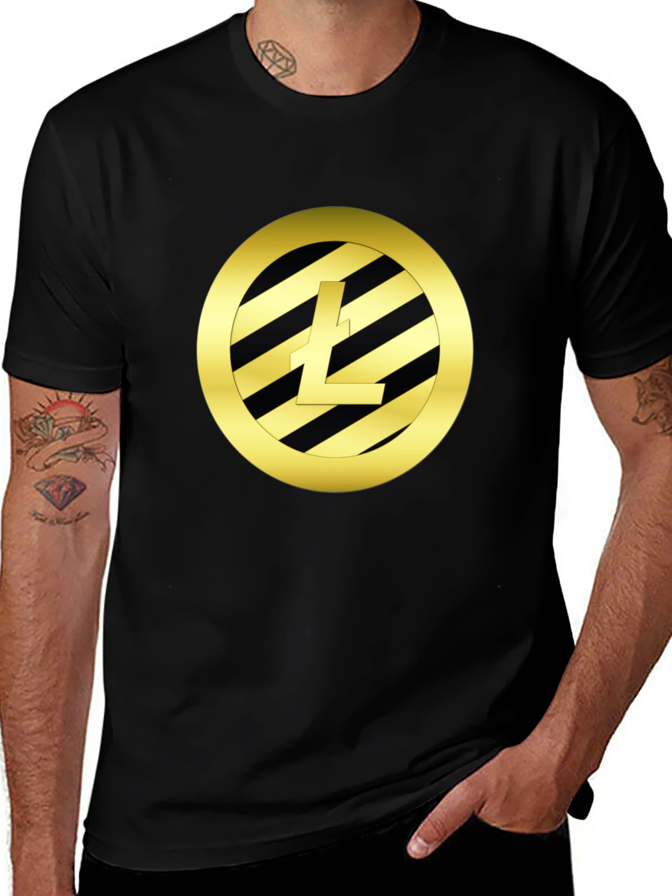 Litecoin Crypto Black T-Shirt - Gold Emblem Design