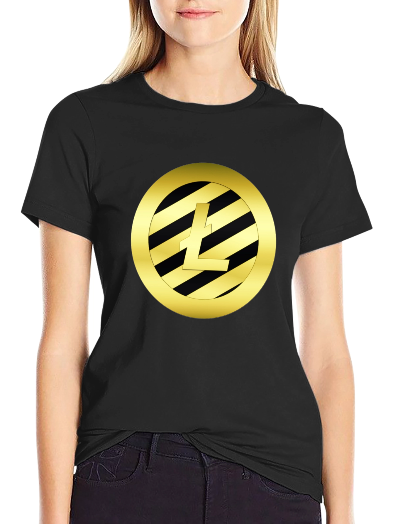Litecoin Crypto Black T-Shirt - Gold Emblem Design