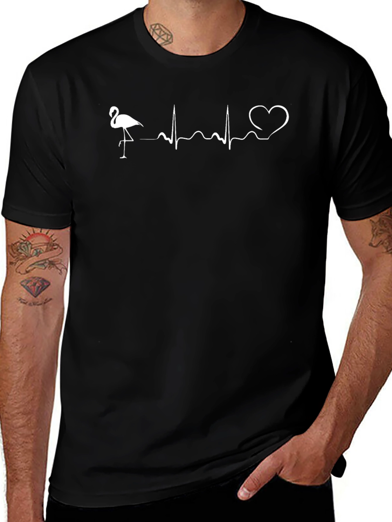 Flamingo Heartbeat Graphic Tee - Black Cotton T-Shirt