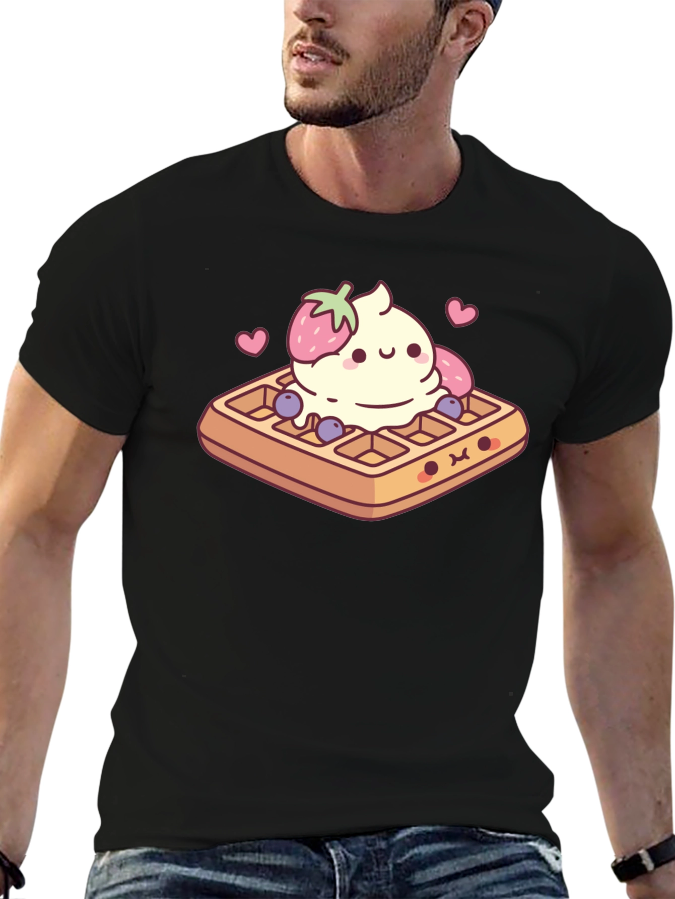 Cute Waffle Dessert Graphic Tee - Unisex Black T-Shirt