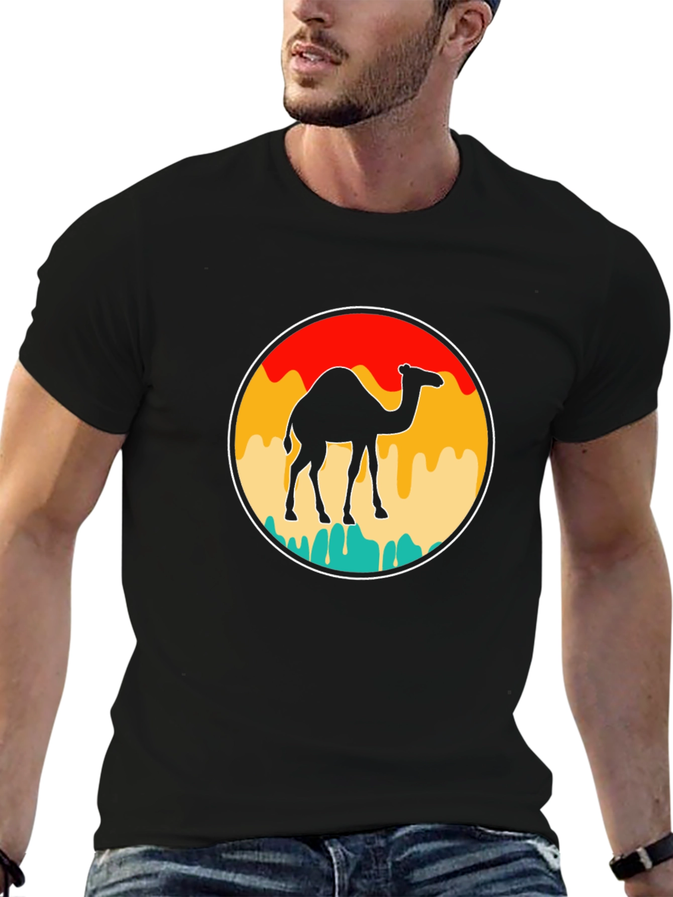 Retro Camel Graphic Tee - Black Cotton T-Shirt