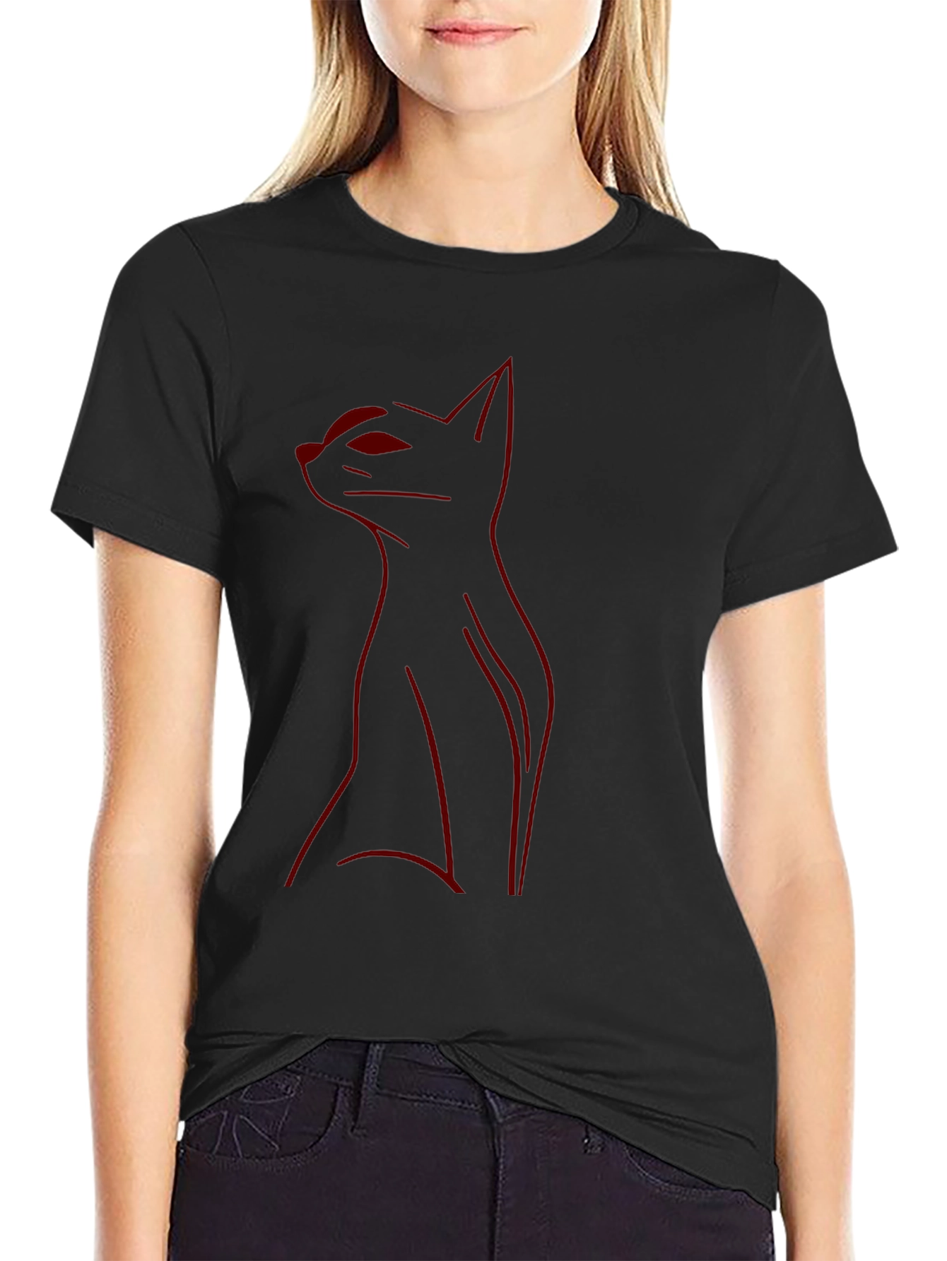 Mens Black T-Shirt with Red Cat Outline