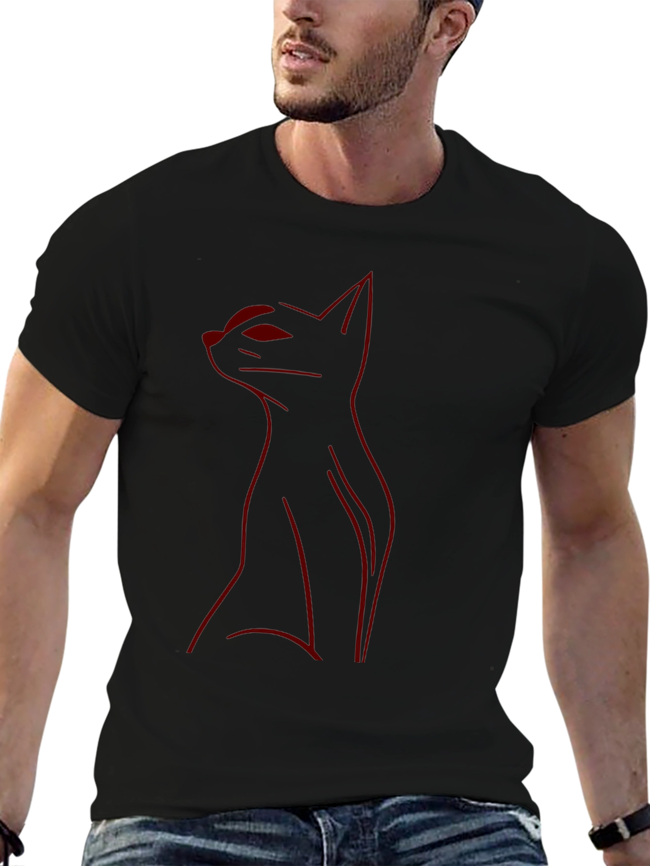 Mens Black T-Shirt with Red Cat Outline