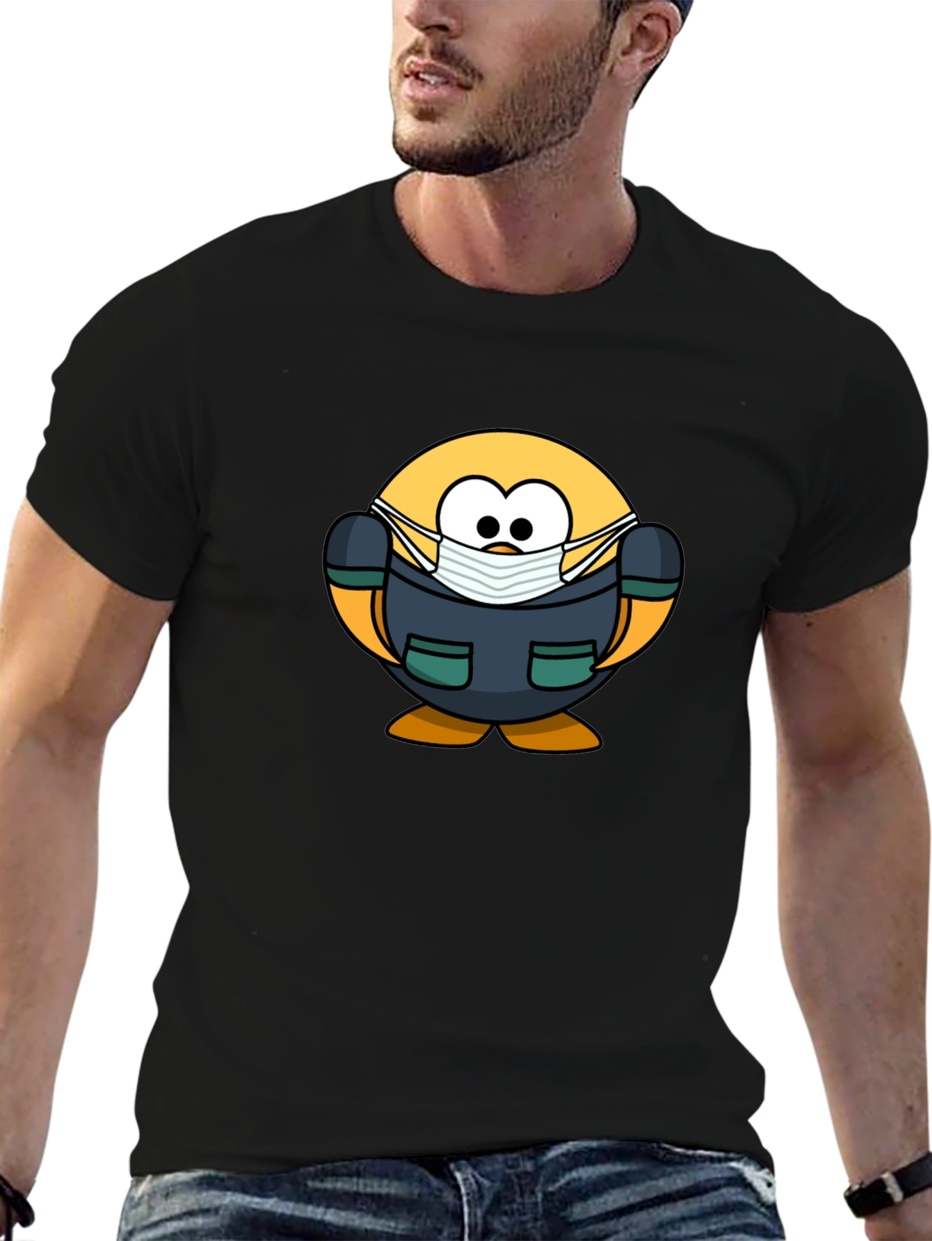 Cartoon Doctor Emoji Black T-Shirt
