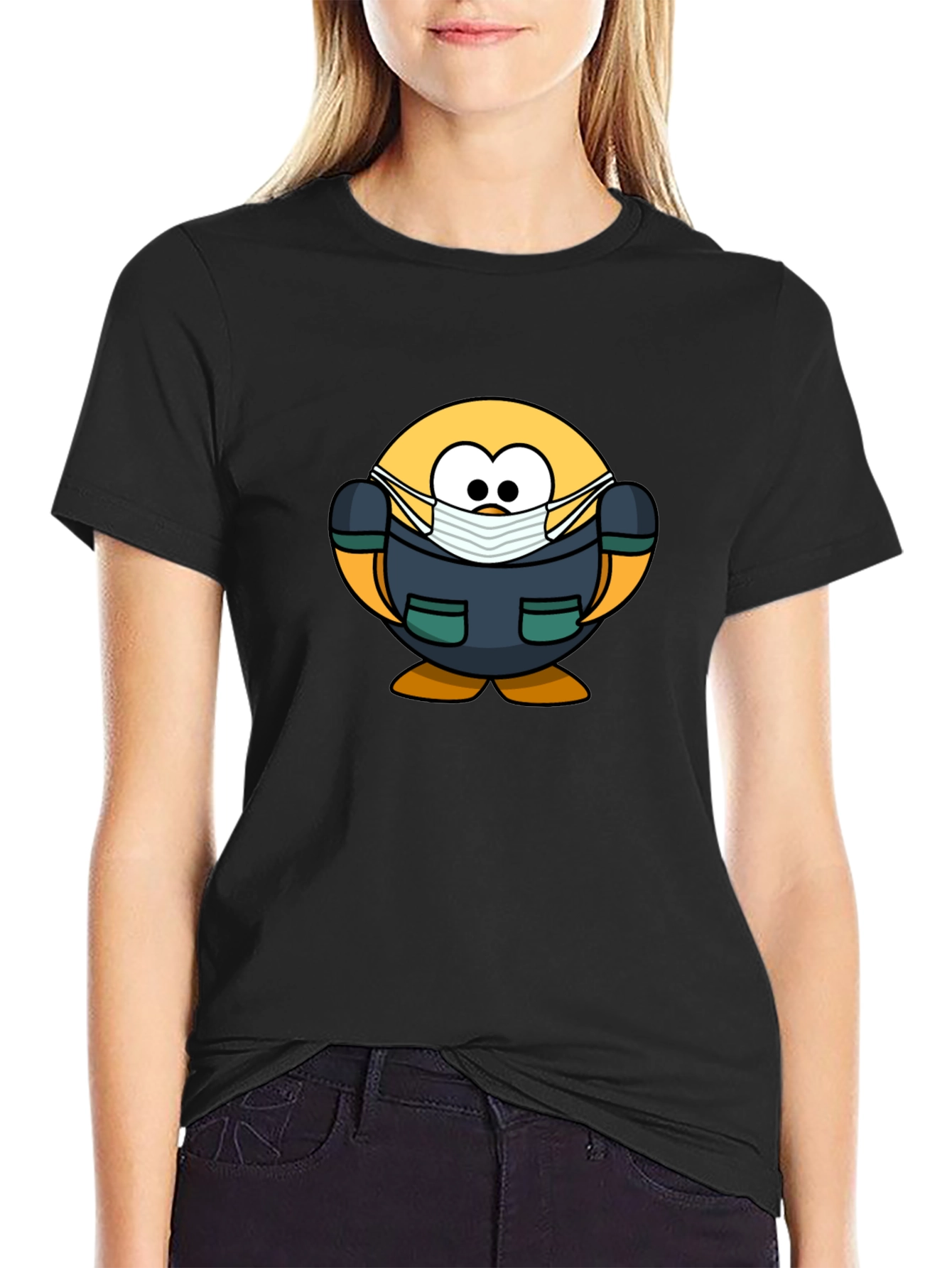 Cartoon Doctor Emoji Black T-Shirt