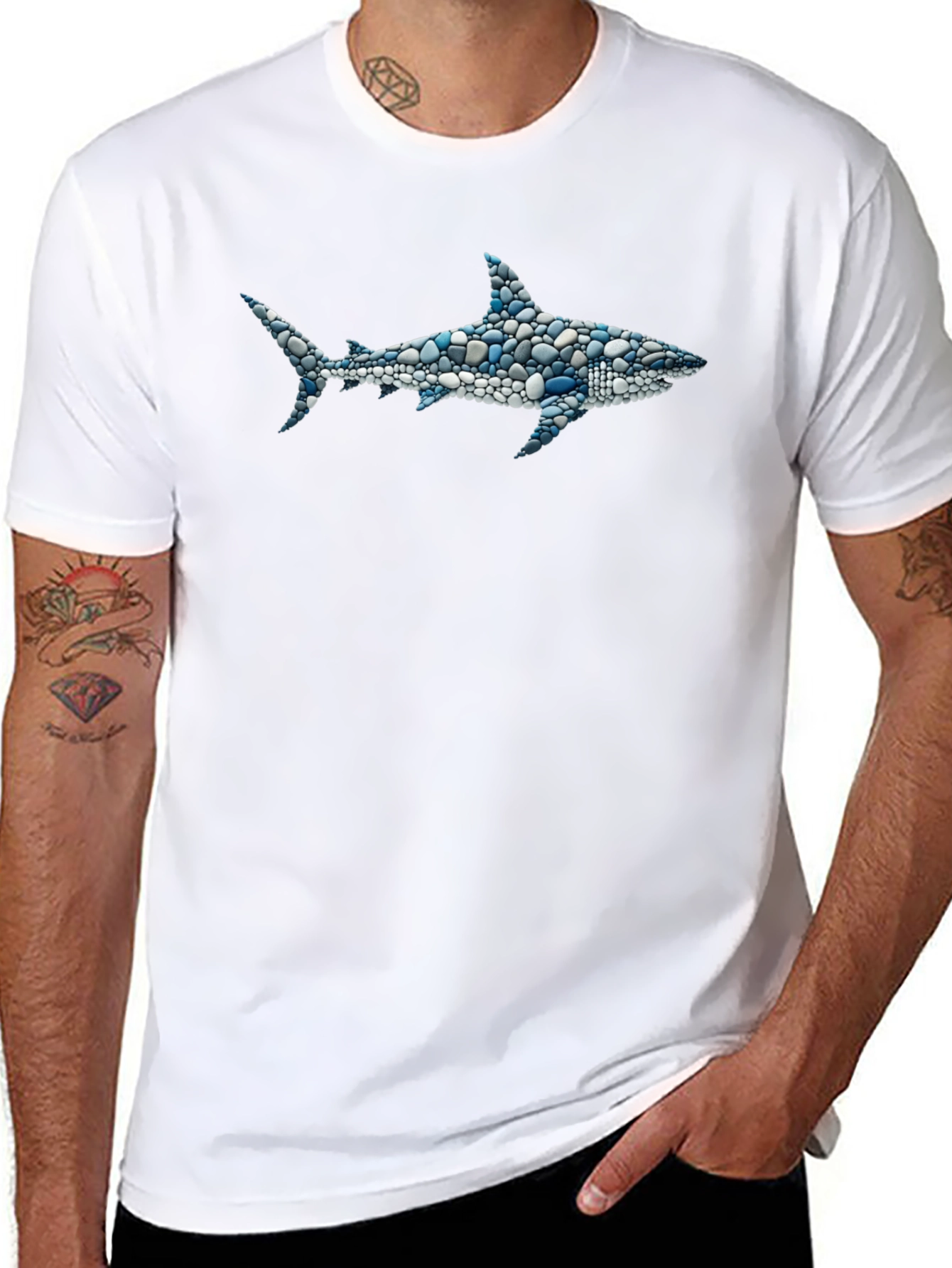 Mens Shark Pebble Art T-Shirt - Unique Ocean Design