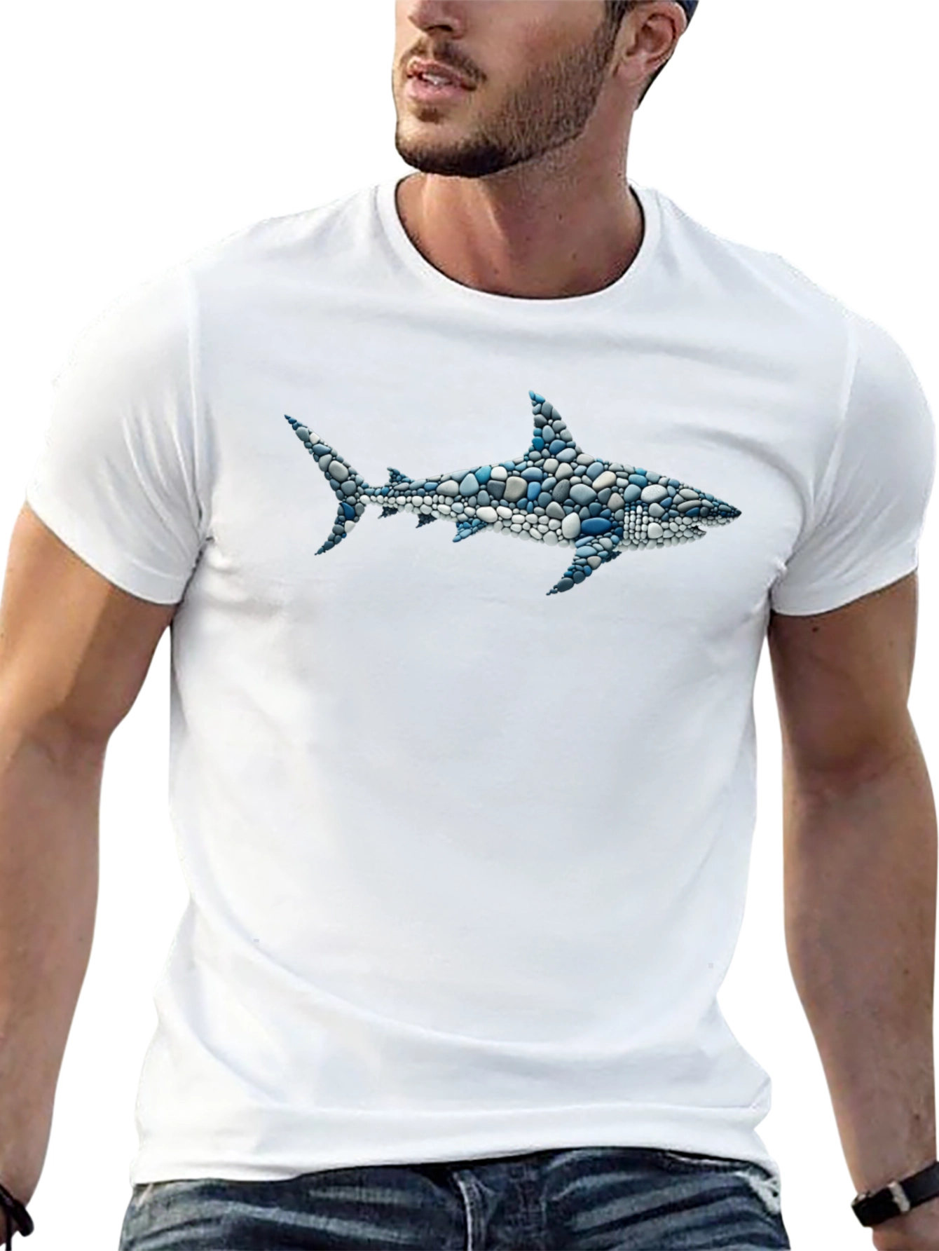 Mens Shark Pebble Art T-Shirt - Unique Ocean Design