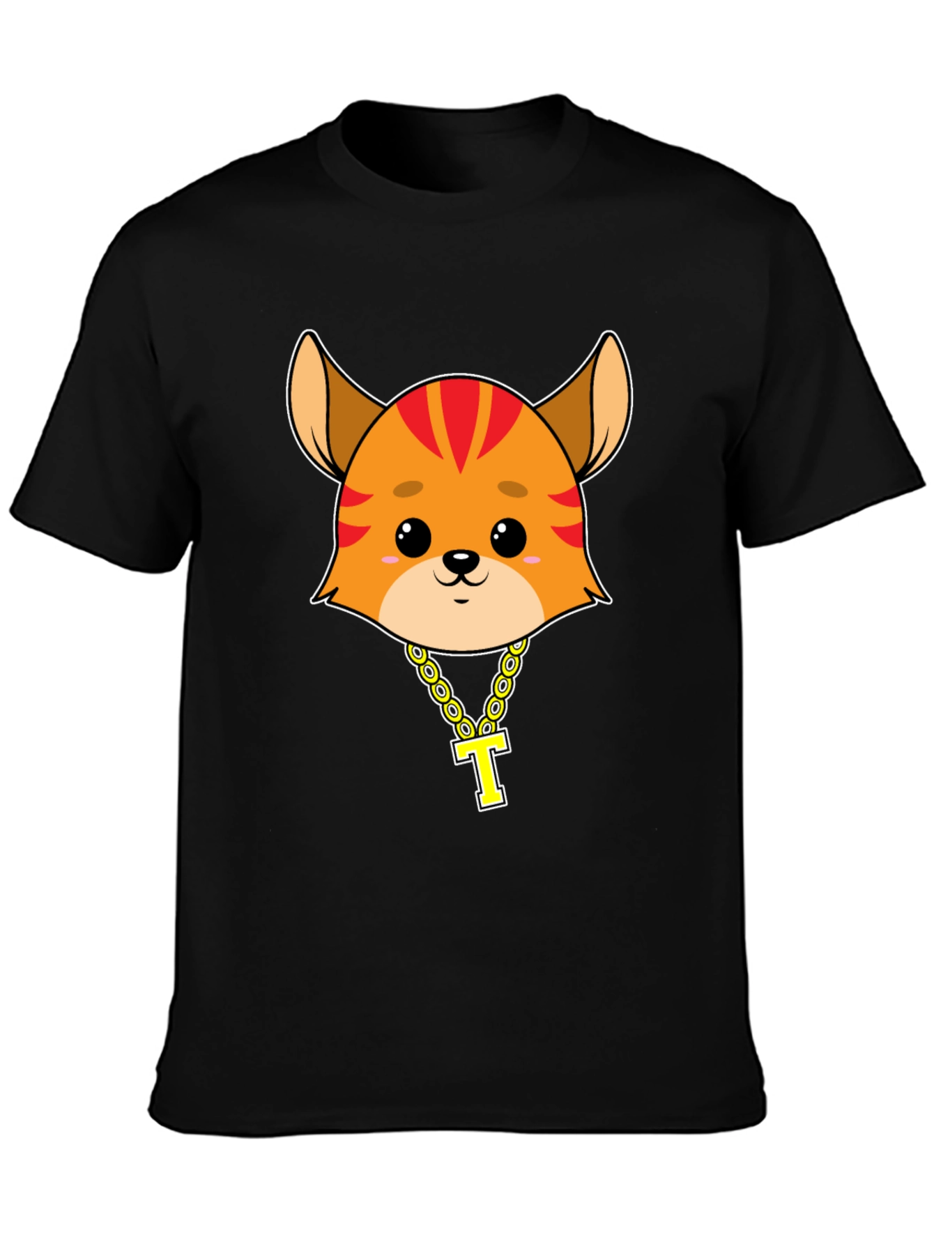 Cartoon Cat with Gold Chain T-Shirt - Black
